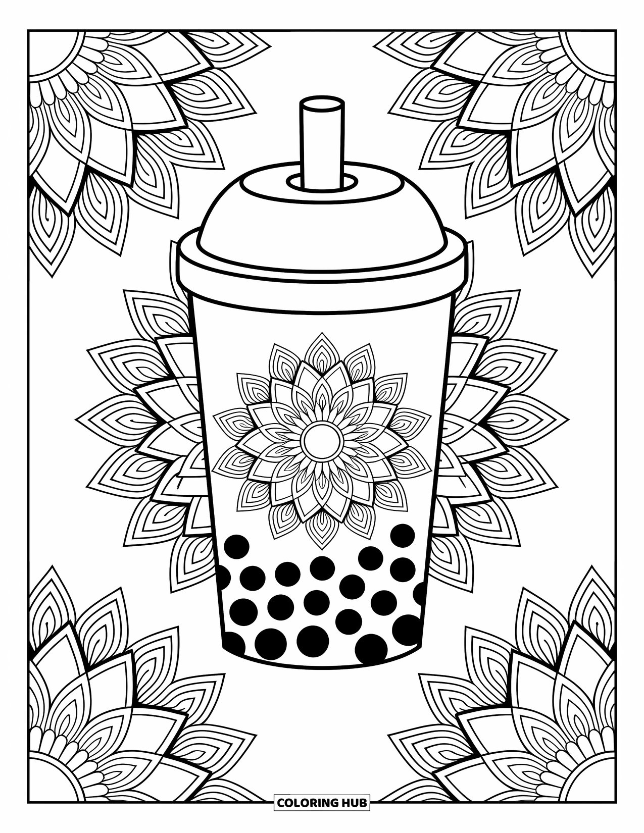 Boba Tea Kleurplaat voor Volwassenen: Een boba beker bedekt met geometrische mandala's is omringd door elegante, wervelende patronen