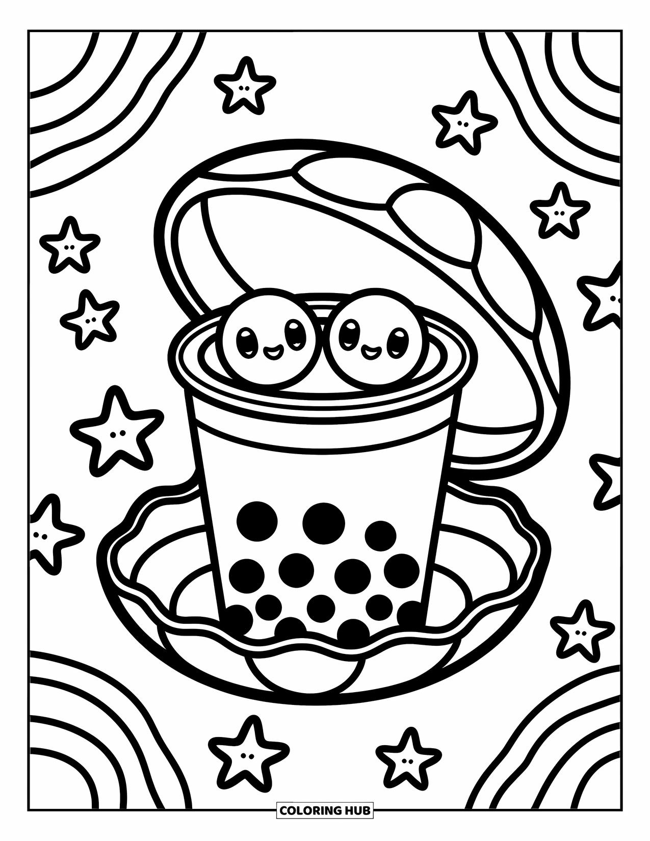 Boba Tea Kleurplaat voor Volwassenen: Een boba beker nestelt zich in een zeeschelp, met twee kleine parels die nieuwsgierig piepen