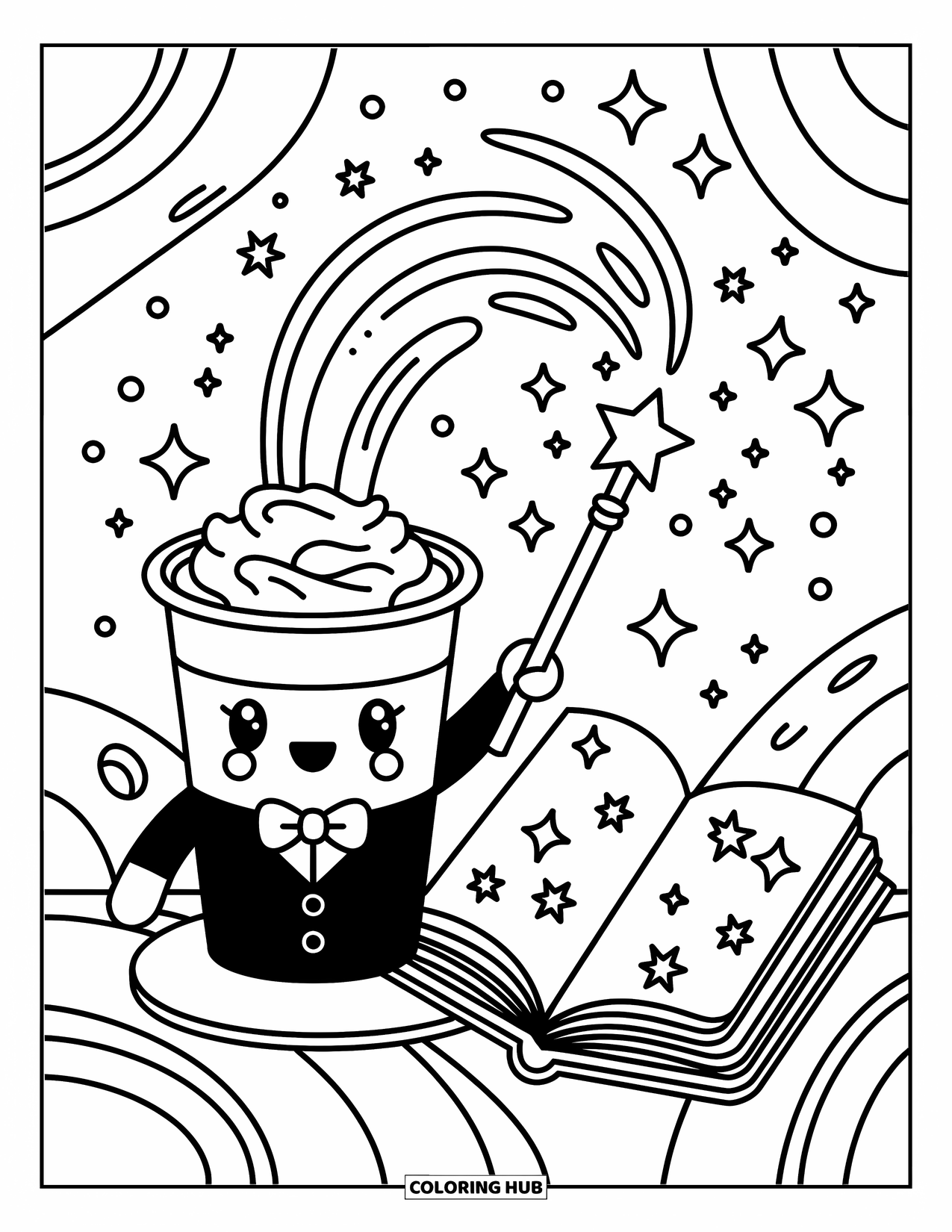 Boba Tea Kleurplaat voor Volwassenen: Een boba beker verkleed als goochelaar houdt een toverstaf vast met sterren en wervelingen die eruit zweven
