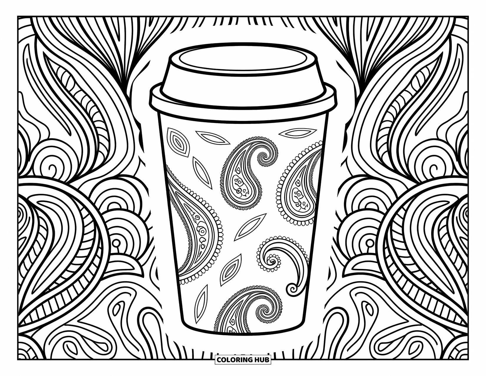 Boba Tea Kleurplaat voor Volwassenen: Een boba beker heeft gedetailleerde paisley patronen, omlijst door wervelend, ingewikkeld lijnwerk