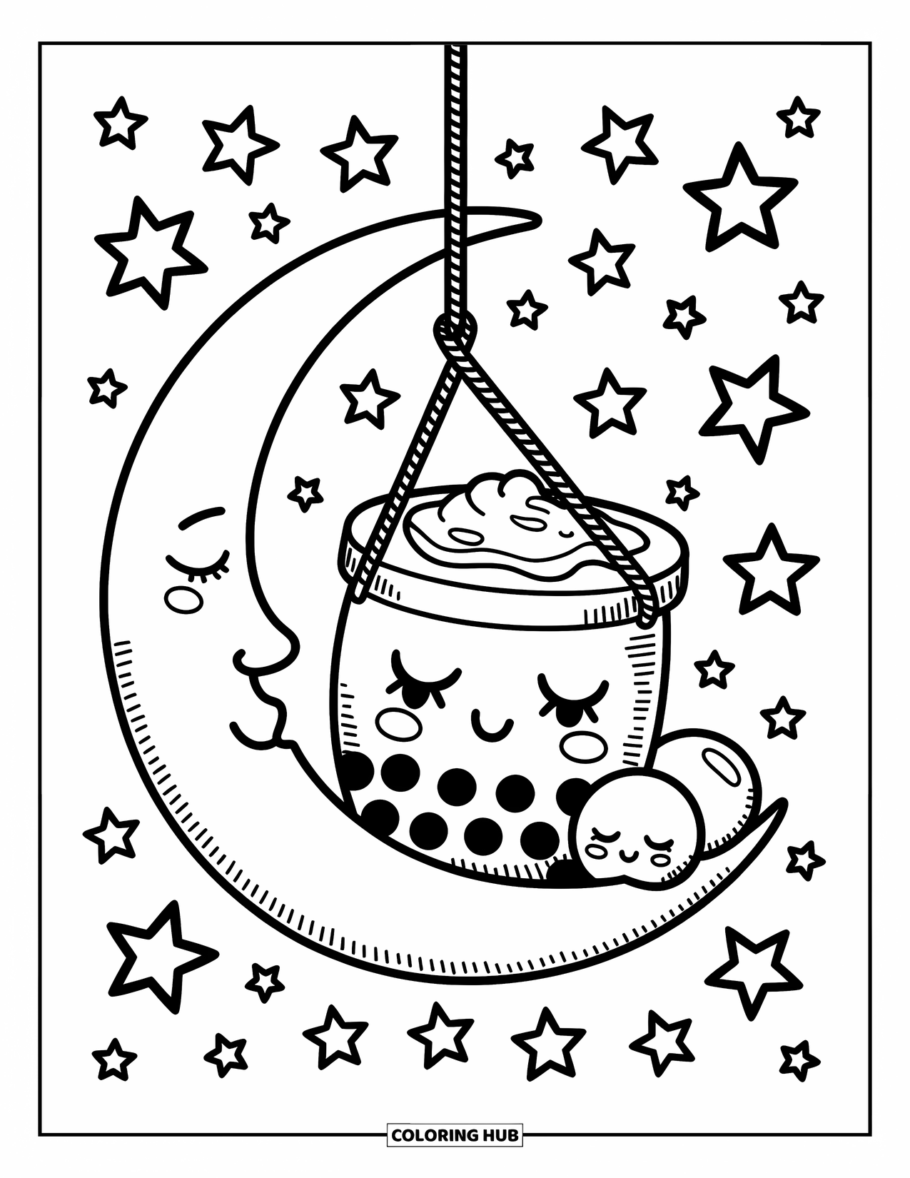 Boba Tea Kleurplaat voor Volwassenen: Een boba beker schommelt zachtjes in een hangmat van een halve maan met slapende parels in de buurt