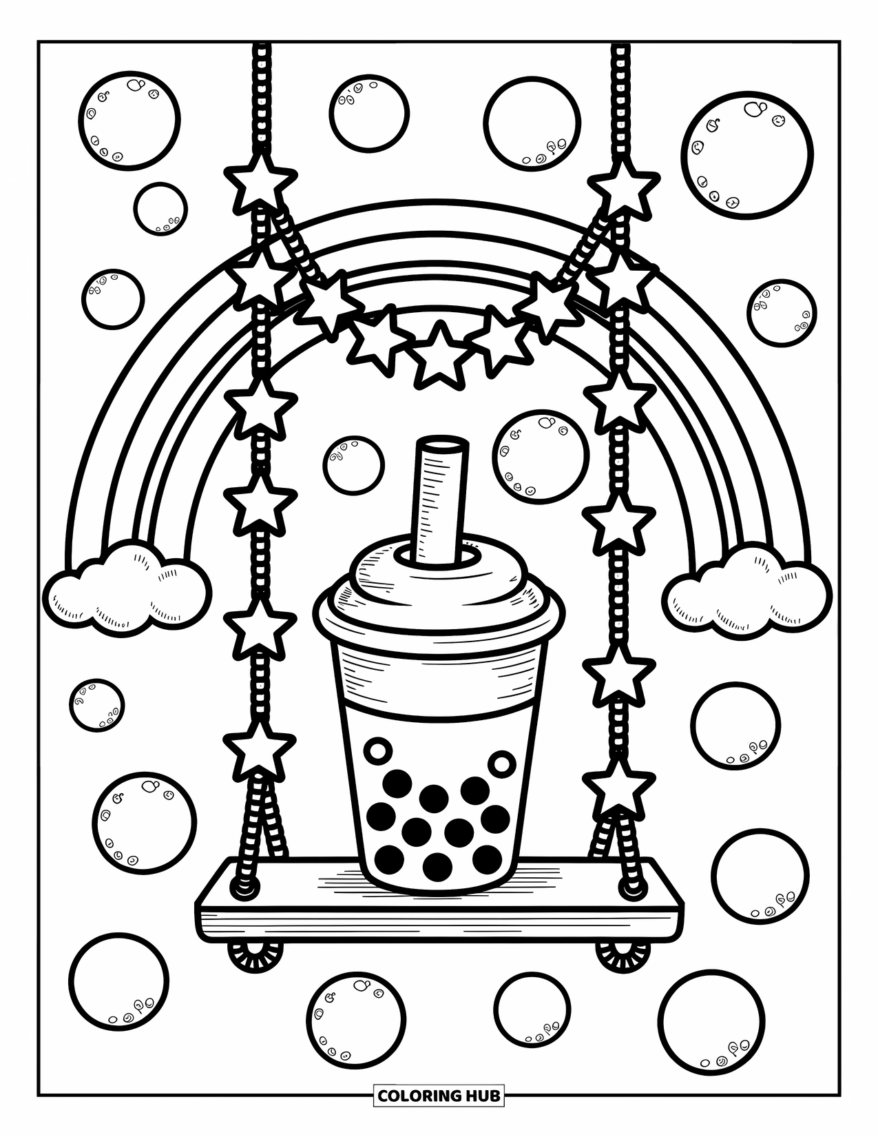 Boba Tea Kleurplaat voor Volwassenen: Een boba beker hangt aan een schommel onder een regenboog, omringd door grillige bubbels en sterren