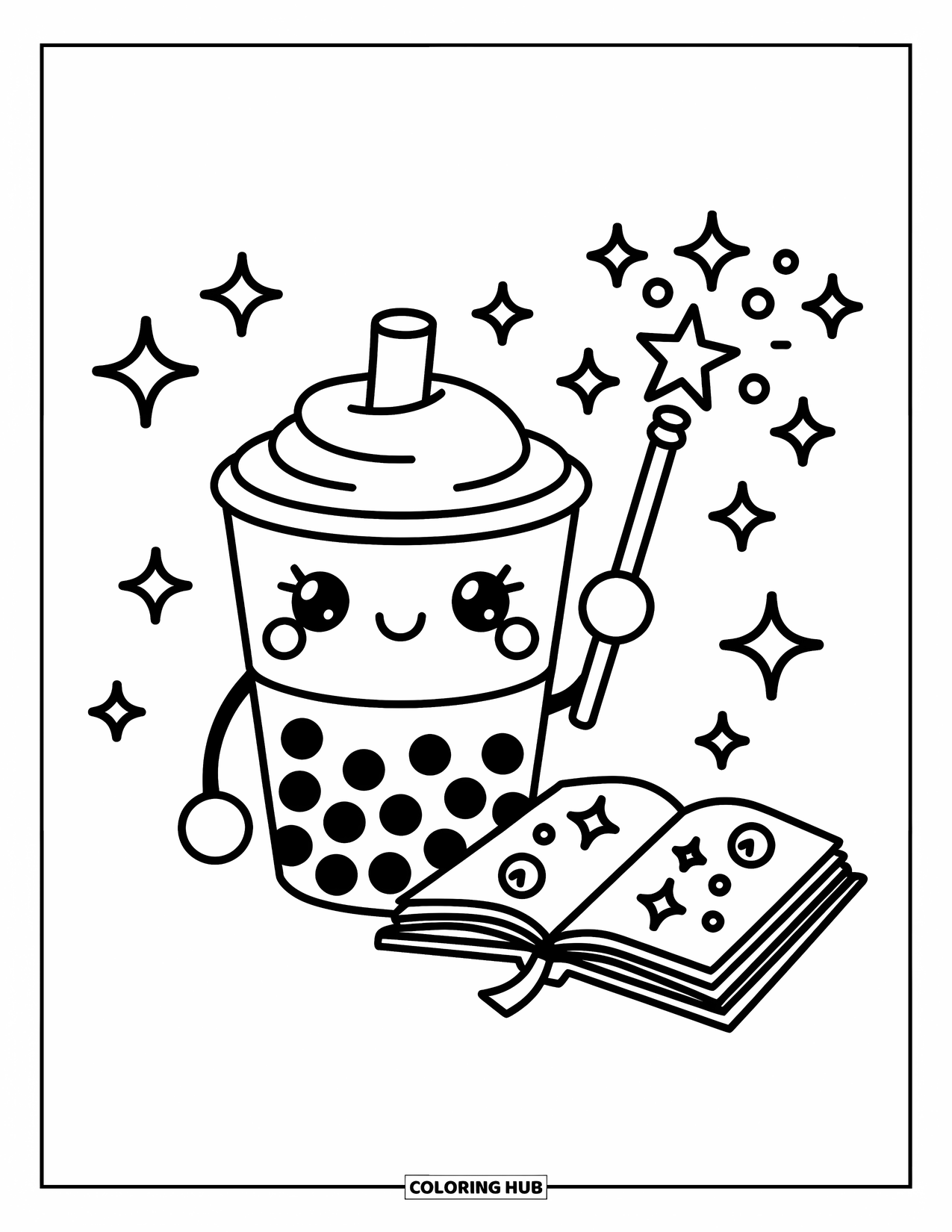 Boba Tea Kleurplaat voor Volwassenen: Een boba beker in een goochelaarsoutfit zwaait met een toverstaf naast een spreukenboek met glitters