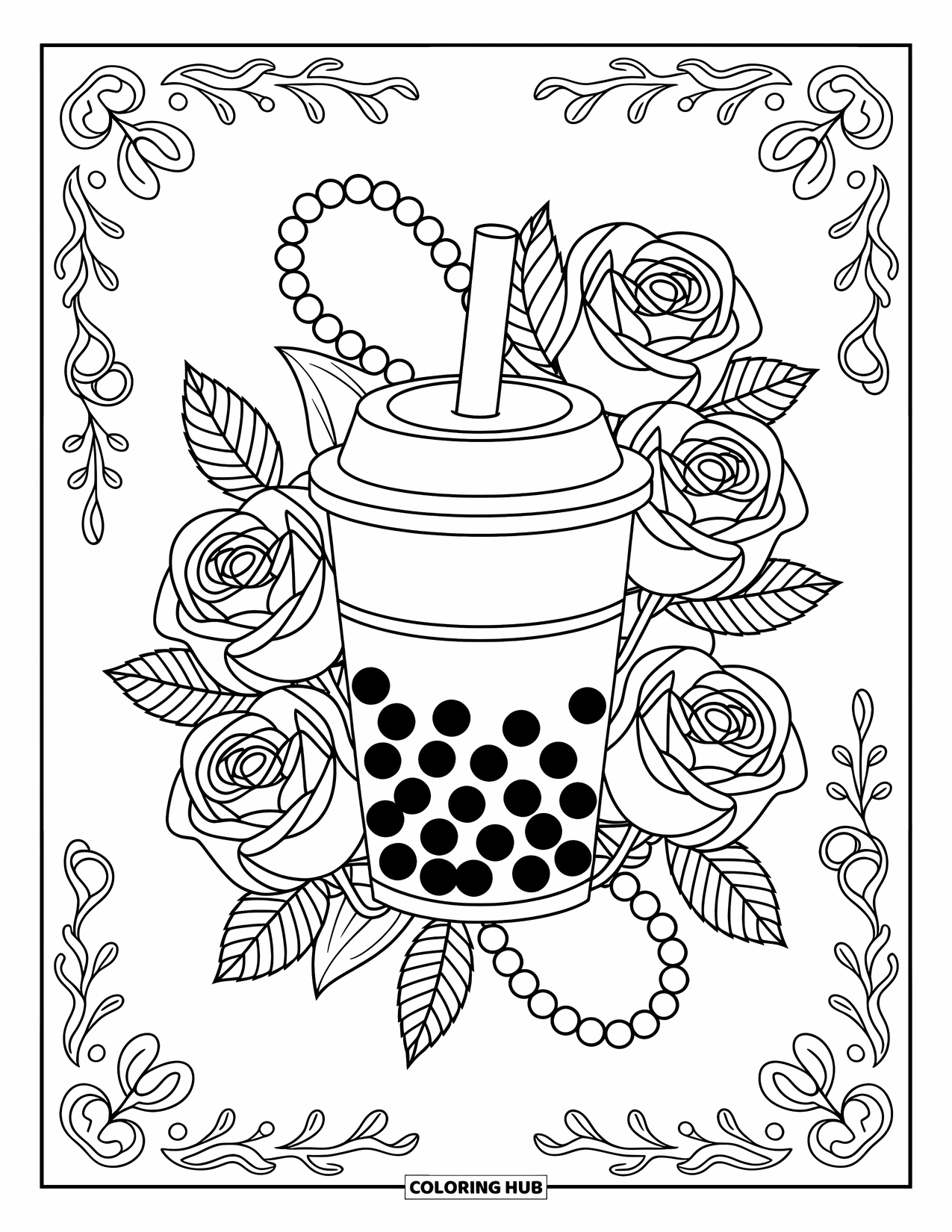 Boba Tea Kleurplaat voor Volwassenen: Een boba beker is omringd door rozen, krullende wijnranken en wervelende decoratieve patronen