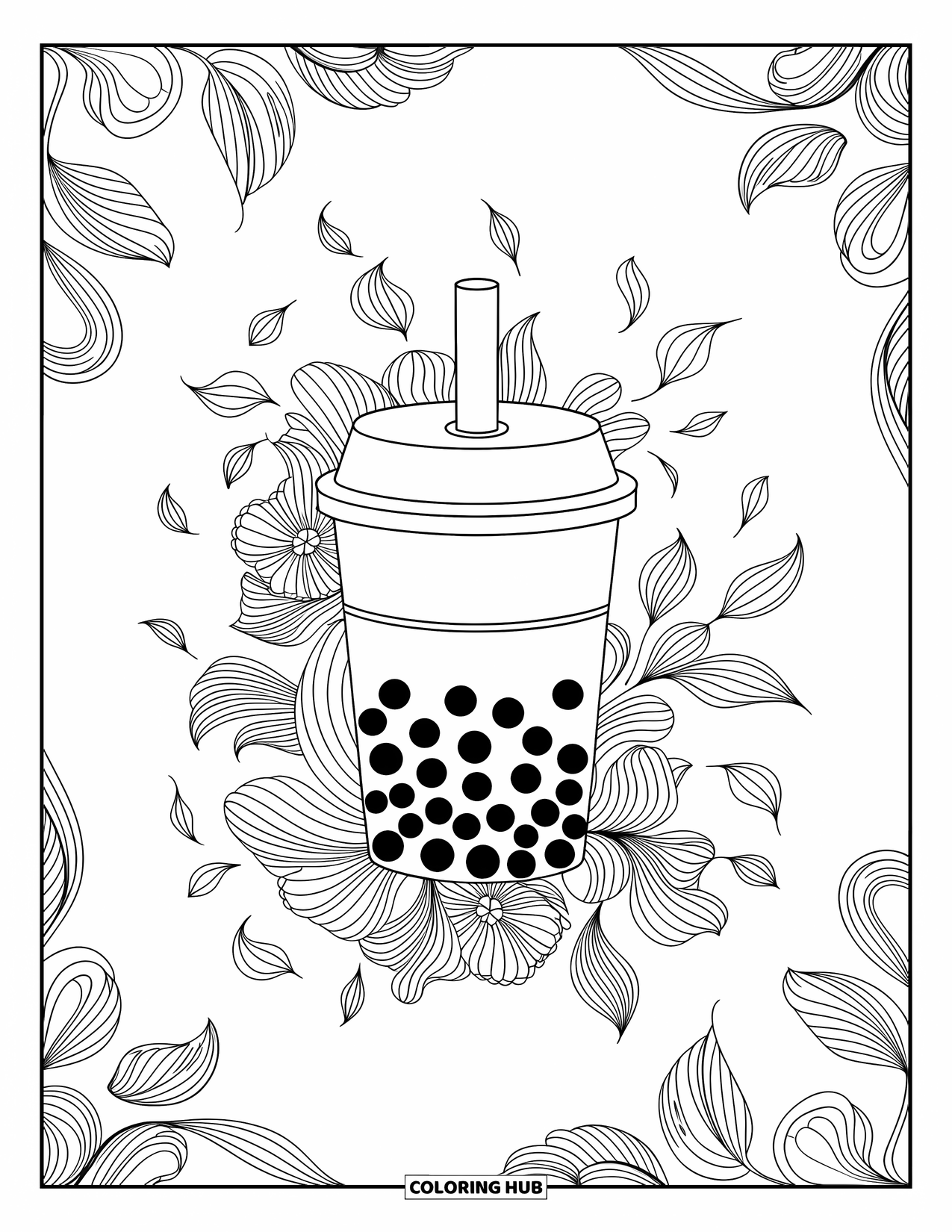 Boba Tea Kleurplaat voor Volwassenen: Een boba beker is omringd door wervelende bloemmotieven en elegante zwevende bladeren