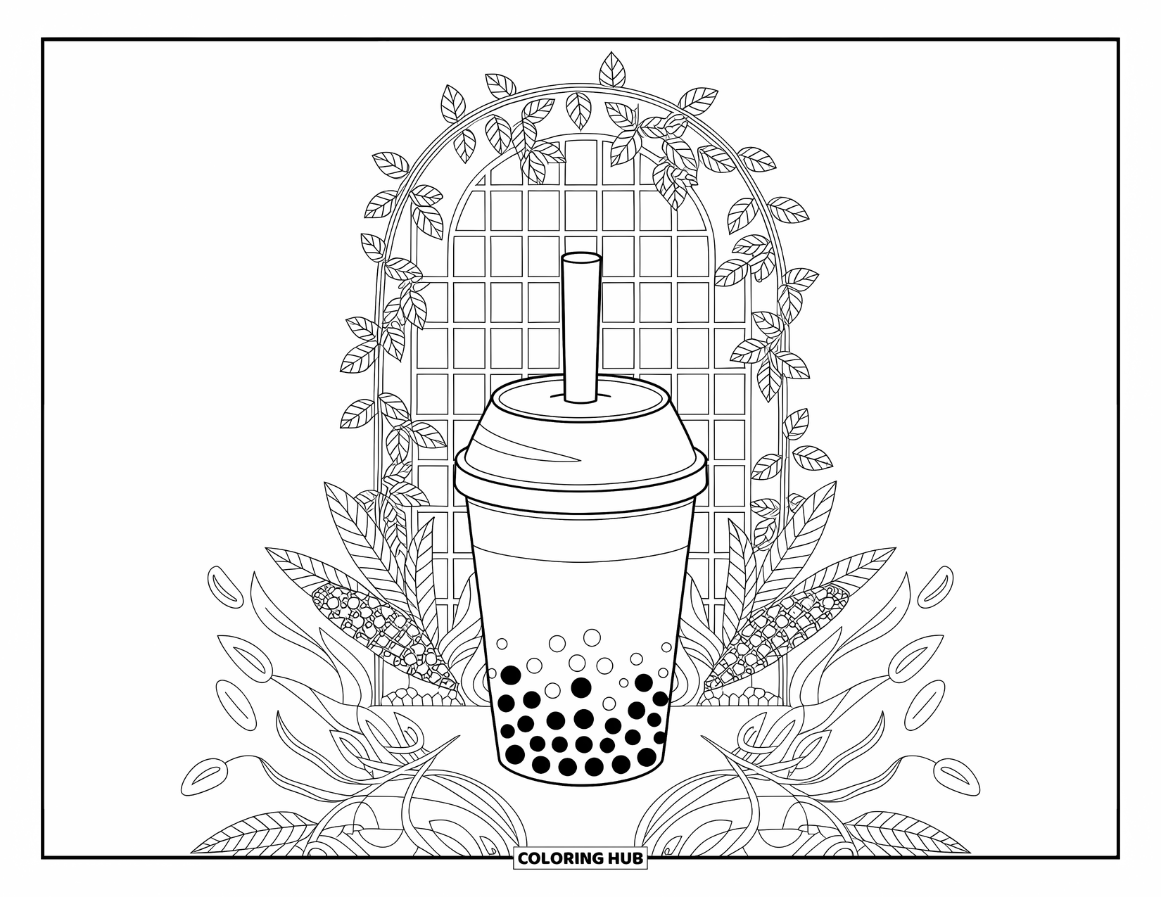 Boba Tea Kleurplaat voor Volwassenen: Een boba beker geplaatst onder een latwerk met wervelende wijnranken, bladeren en bloeiende bloemen