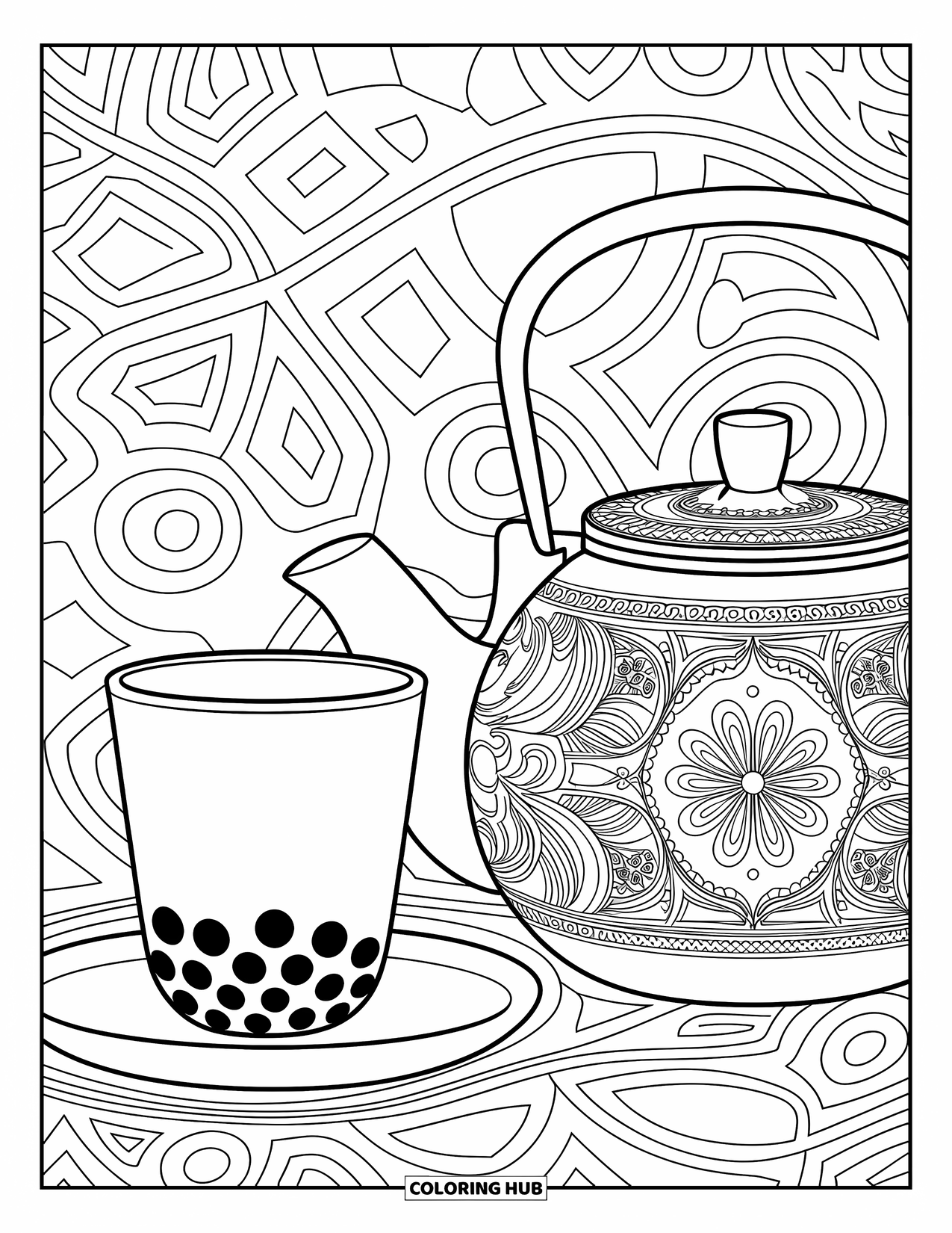 Boba Tea Kleurplaat voor Volwassenen: Een boba beker rust naast een theepot met ingewikkelde patronen en wervelende ontwerpen