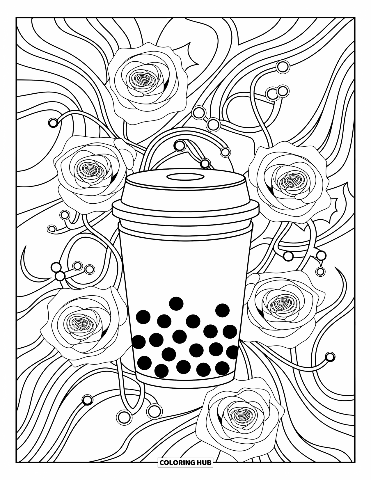 Boba Tea Kleurplaat voor Volwassenen: Een boba beker rust tussen rozen en wijnranken met delicate bladeren en parelclusters