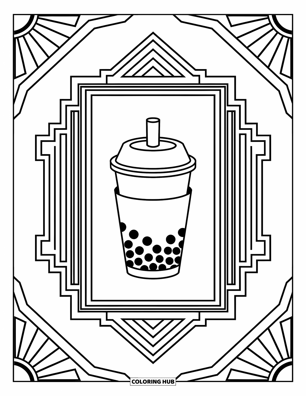 Boba Tea Kleurplaat voor Volwassenen: Een boba beker rust in een decoratief frame gevuld met gedetailleerde Art Deco ontwerpen