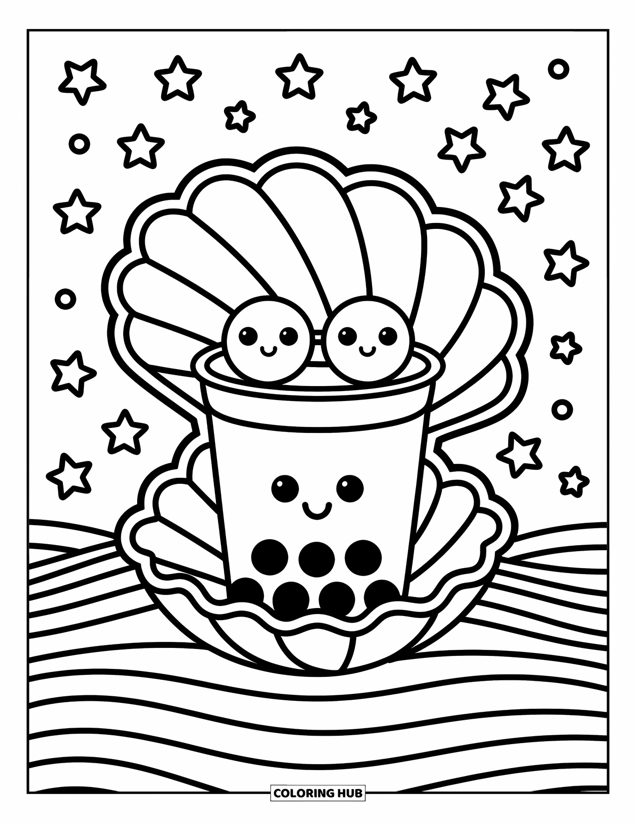 Boba Tea Kleurplaat voor Volwassenen: Een boba beker rust in een gigantische zeeschelp, met nieuwsgierige parelvrienden die eruit piepen