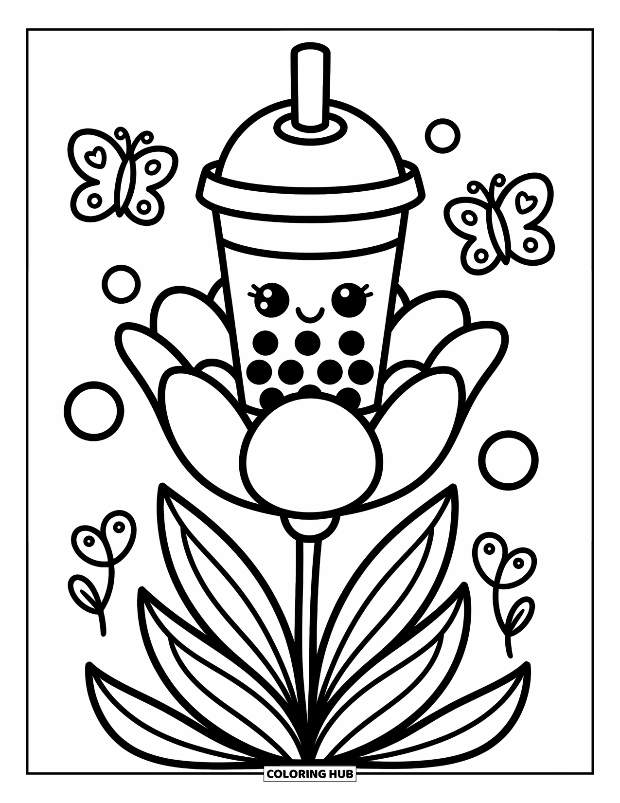 Boba Tea Kleurplaat voor Volwassenen: Een boba beker rust op een gigantische bloem met parels en fladderende vlinders