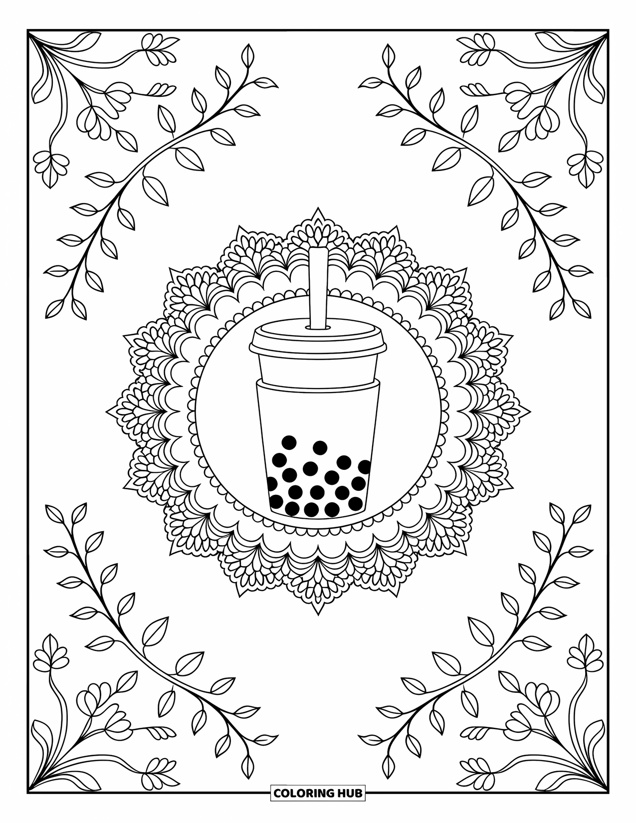 Boba Tea Kleurplaat voor Volwassenen: Een boba beker rust op een kanten onderzetter met elegante wijnrankranden eromheen