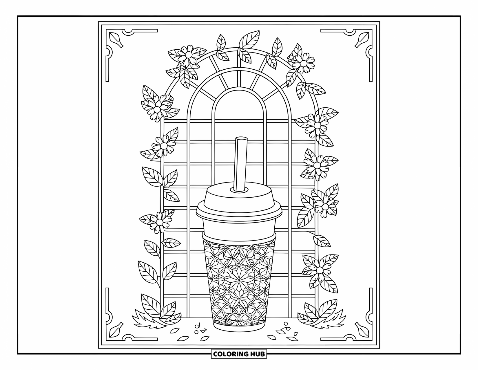 Boba Tea Kleurplaat voor Volwassenen: Een boba beker rust onder een latwerk omwikkeld met klimop, omringd door gedetailleerde bloemmotieven
