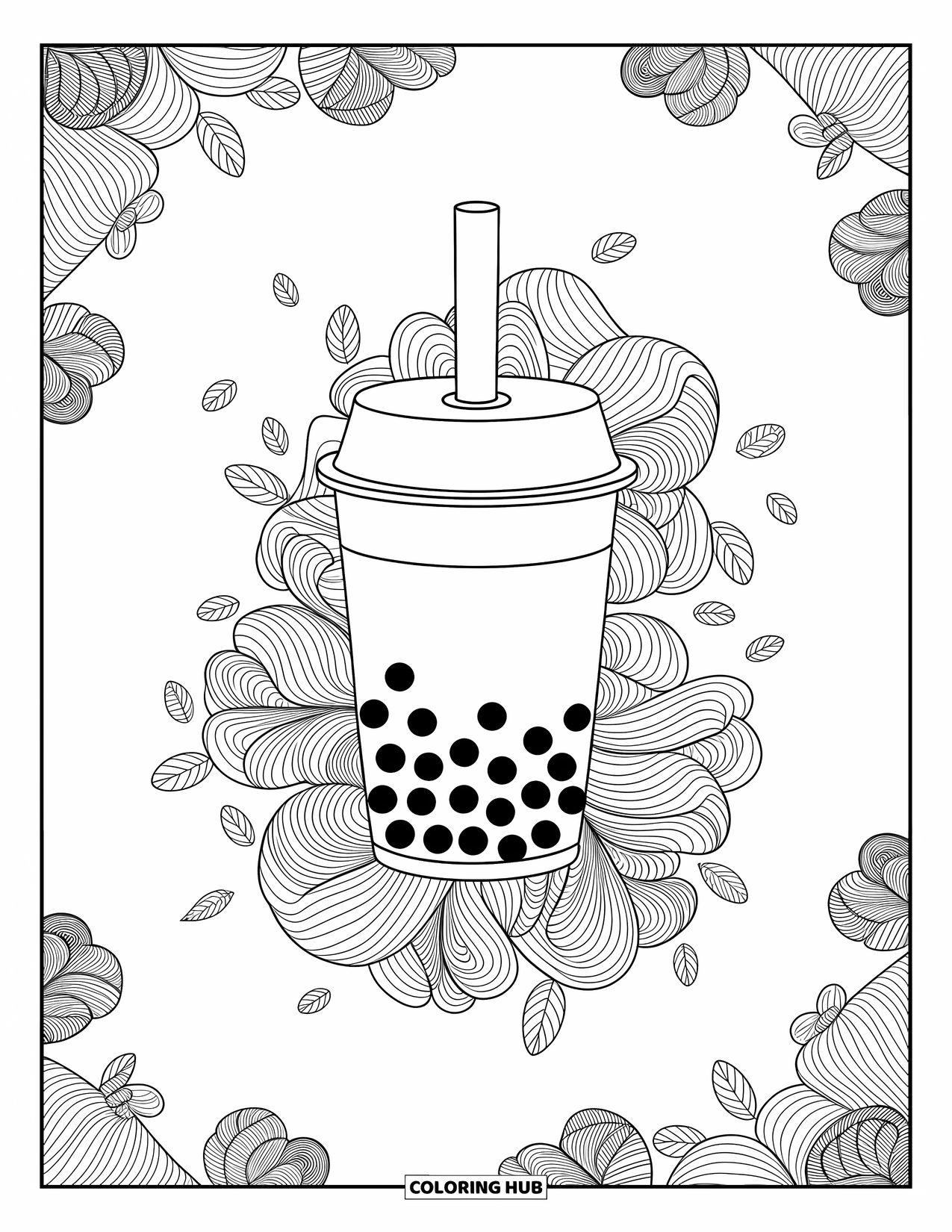 Boba Tea Kleurplaat voor Volwassenen: Een boba beker rust binnen sierlijke bloempatronen en sierlijke bladeren die de pagina vullen