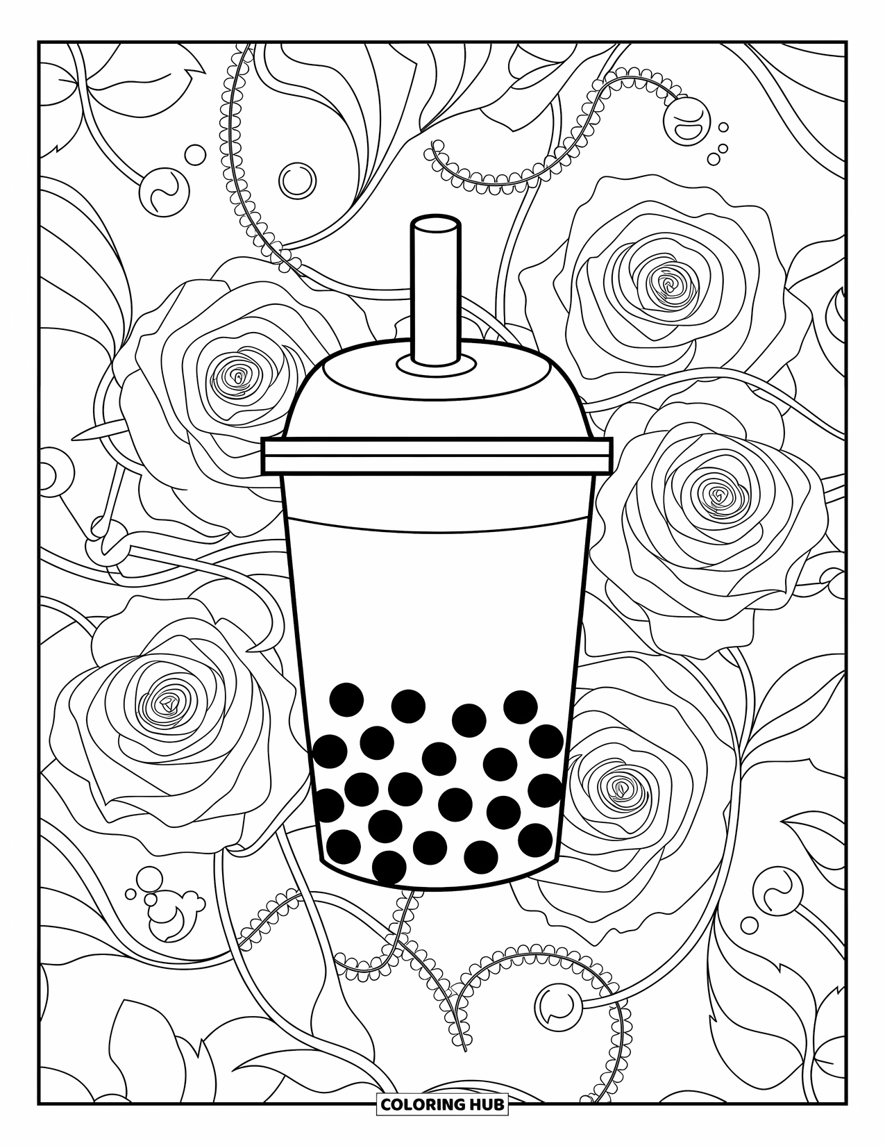Boba Tea Kleurplaat voor Volwassenen: Een boba beker zit tussen bloeiende rozen, krullende wijnranken en clusters van parels