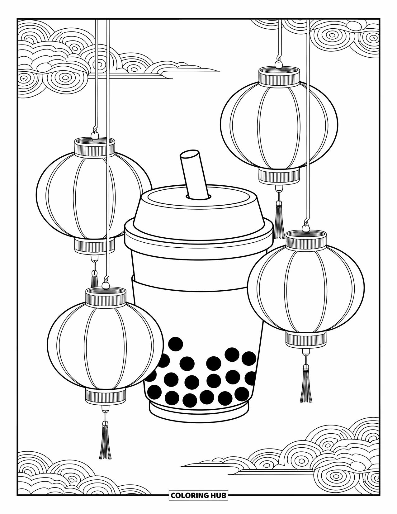 Boba Tea Kleurplaat voor Volwassenen: Een boba beker zit tussen hangende lantaarns met decoratieve ontwerpen en zachte wolkenlijnen