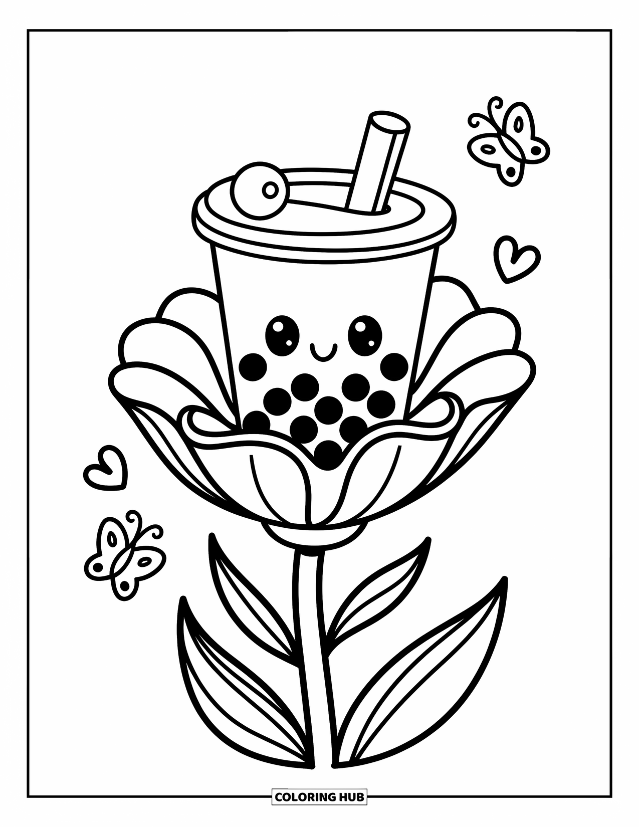 Boba Tea Kleurplaat voor Volwassenen: Een boba beker zit bovenop een grote bloem, met parels die in de buurt op zachte bloemblaadjes rusten