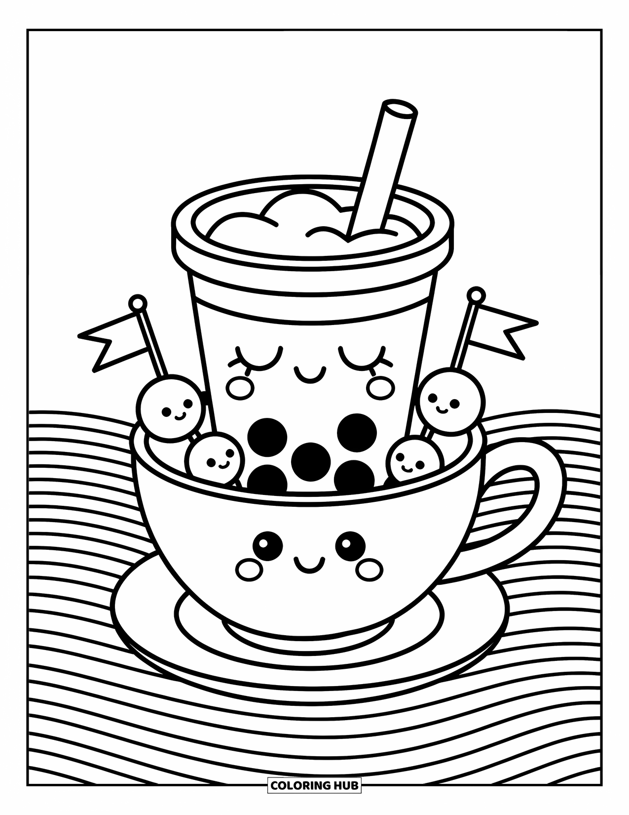 Boba Tea Kleurplaat voor Volwassenen: Een boba beker zit rustig in een theekopboot met parels die kleine vlaggetjes zwaaien