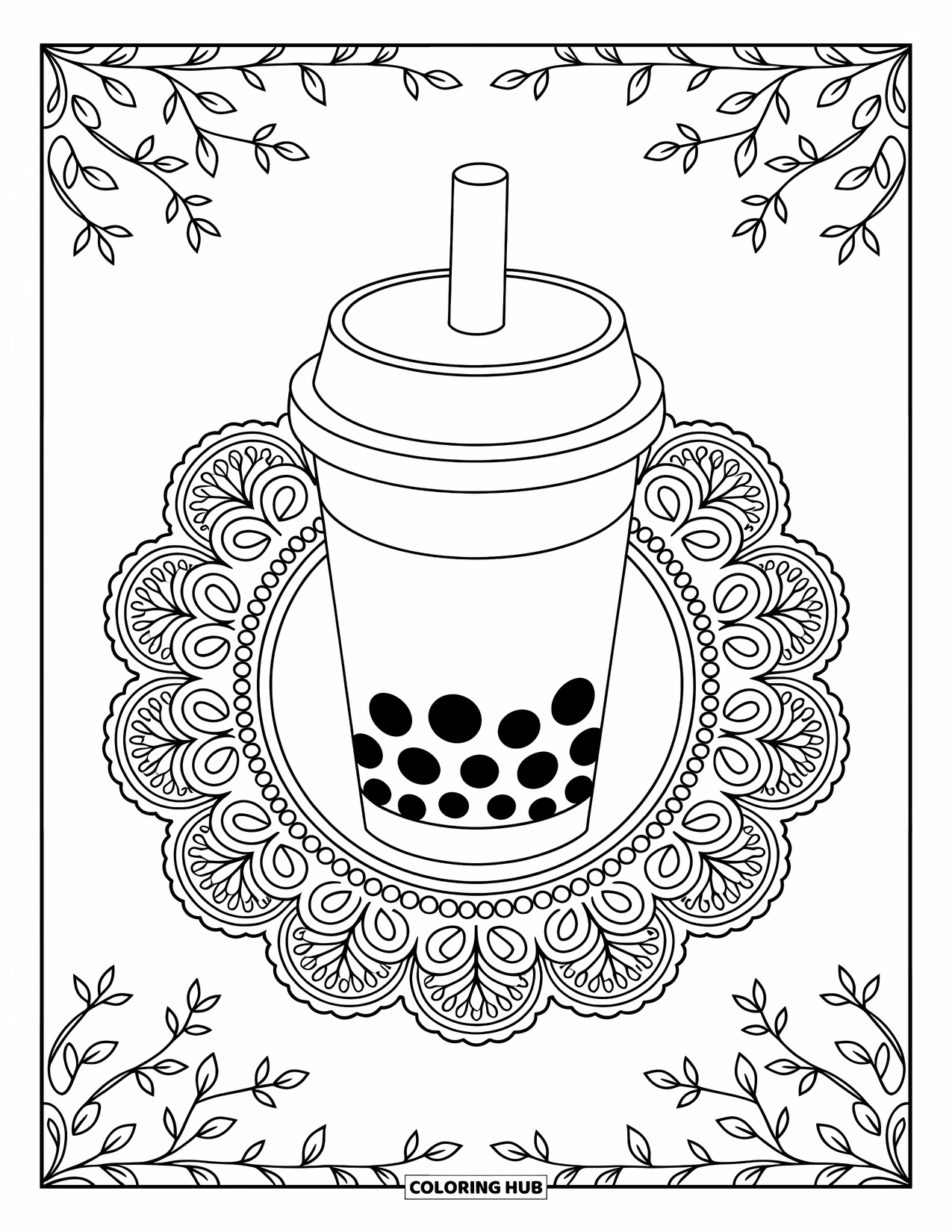 Boba Tea Kleurplaat voor Volwassenen: Een boba beker zit sierlijk op een onderzetter, omringd door ingewikkelde wijnranken en bloemmotieven