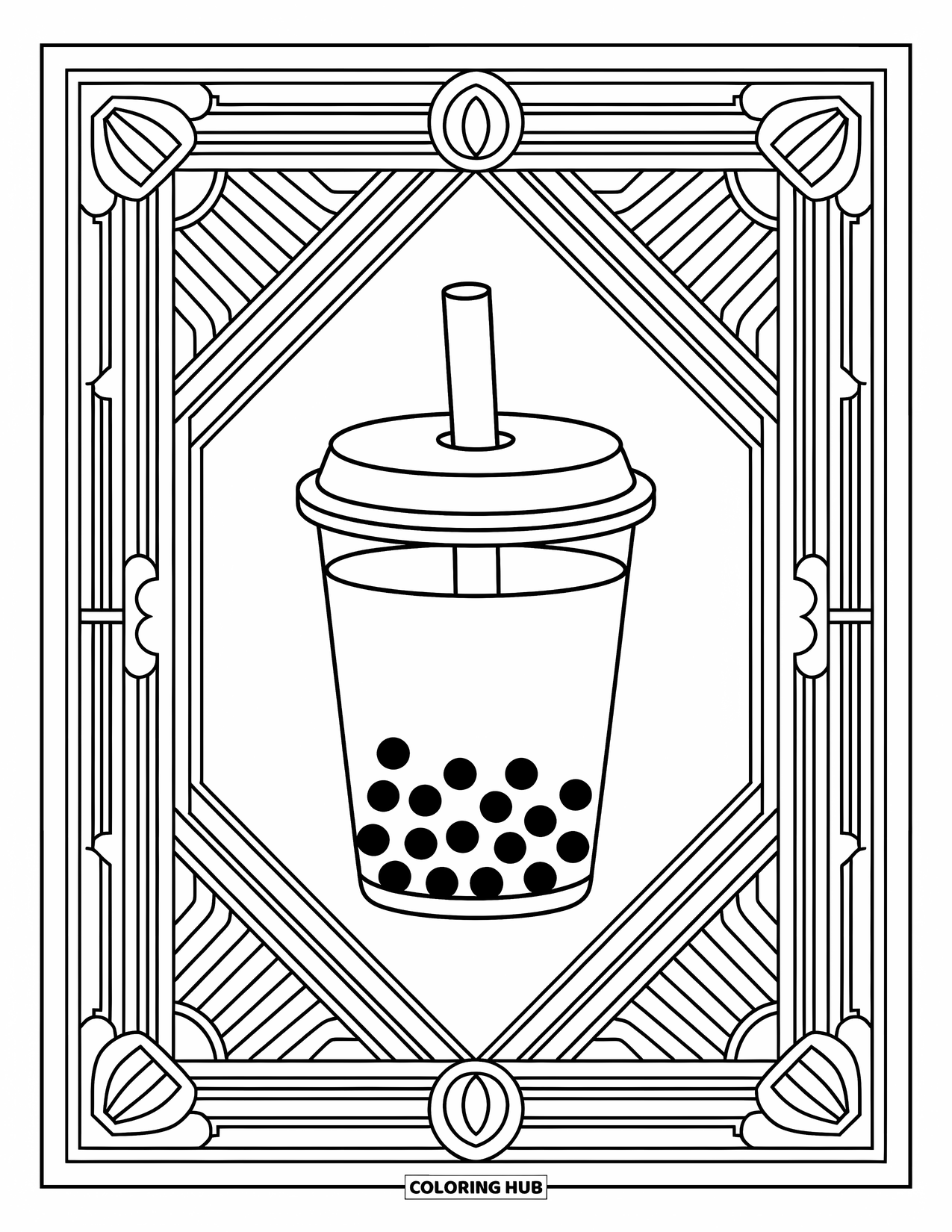 Boba Tea Kleurplaat voor Volwassenen: Een boba beker zit in een groot sierlijk frame met vloeiende, symmetrische Art Deco details