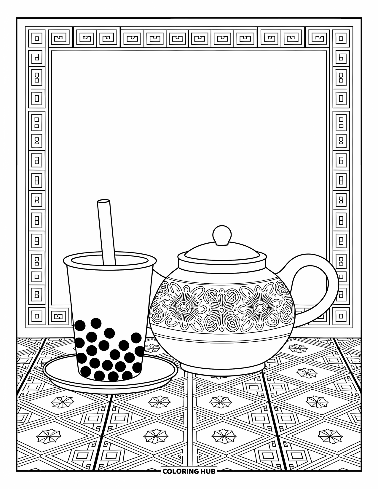 Boba Tea Kleurplaat voor Volwassenen: Een boba beker zit naast een sierlijke theepot, omringd door geometrische en bloempatronen