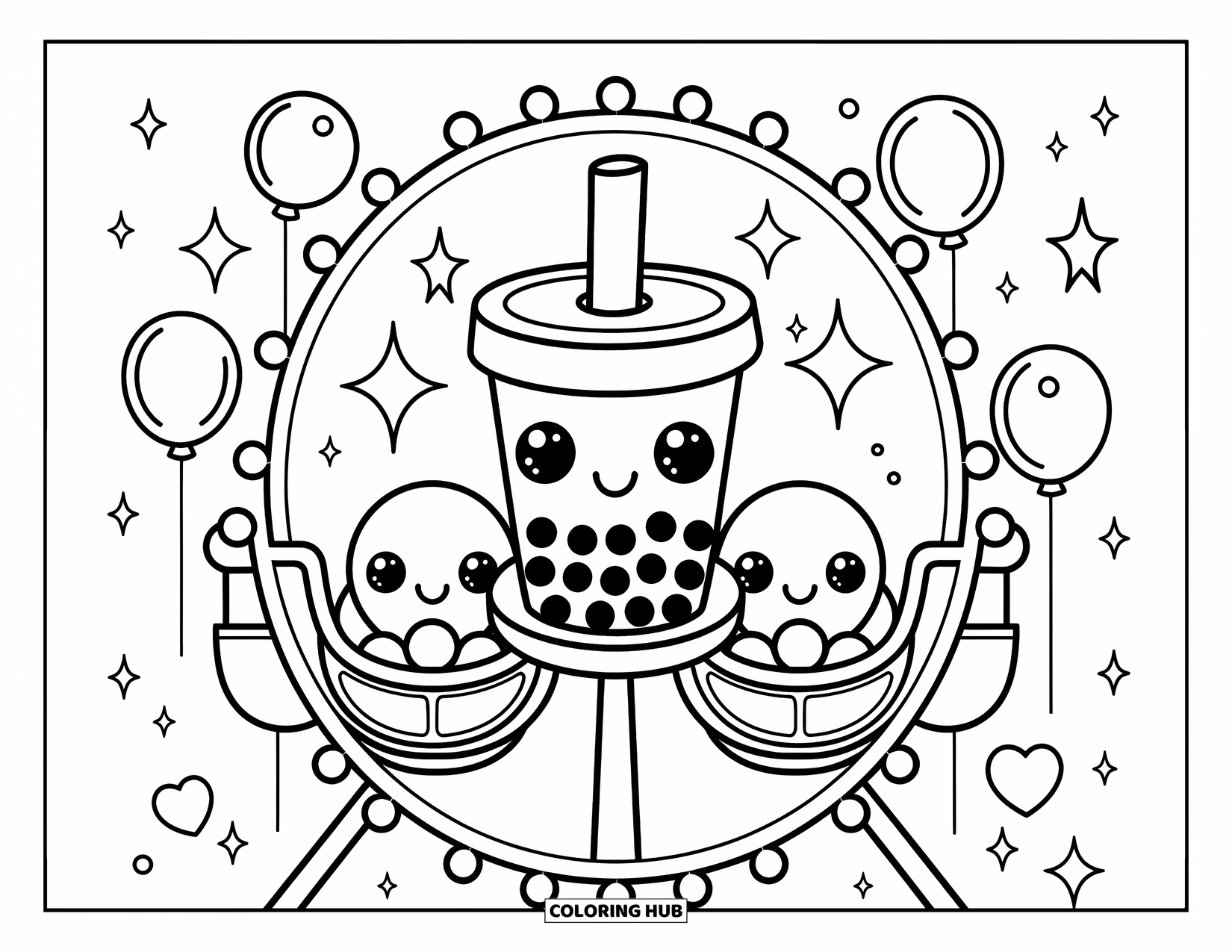 Boba Tea Kleurplaat voor Volwassenen: Een boba beker zit op een reuzenradstoel, omringd door zwevende sterren en ballonnen