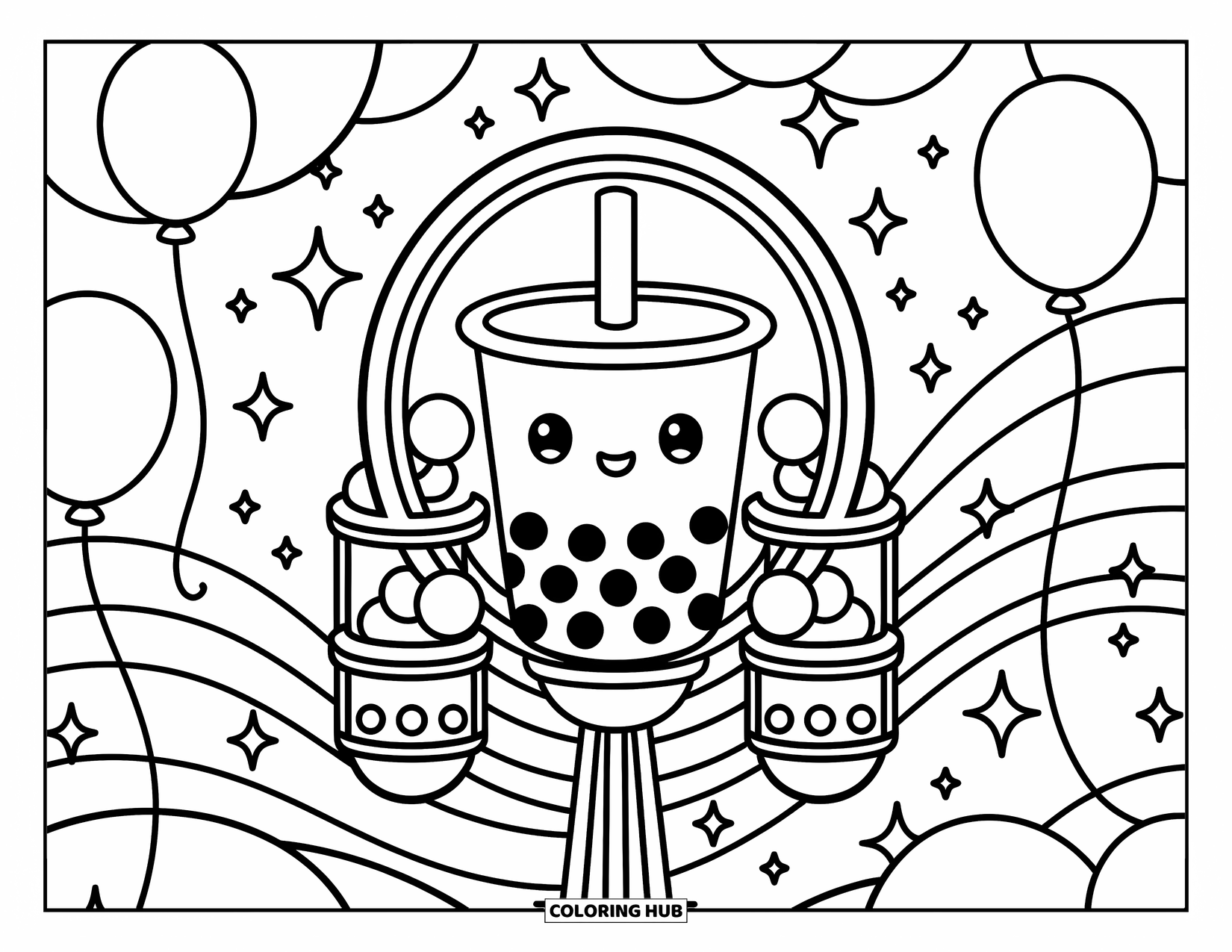 Boba Tea Kleurplaat voor Volwassenen: Een boba beker zit op een reuzenradstoel met kleine parelvrienden in de buurt