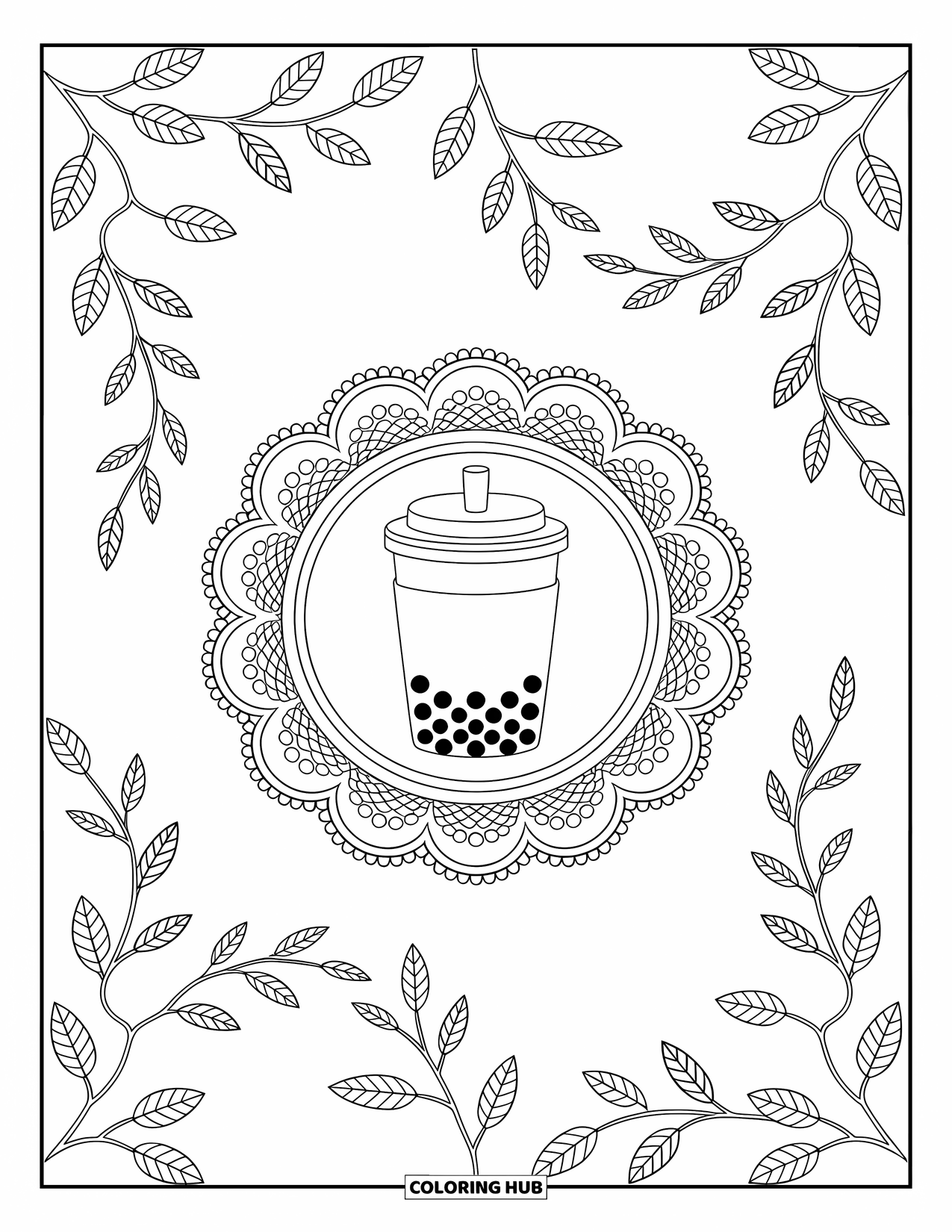 Boba Tea Kleurplaat voor Volwassenen: Een boba beker zit op een kanten onderzetter, omringd door wervelende wijnranken en delicate bladeren