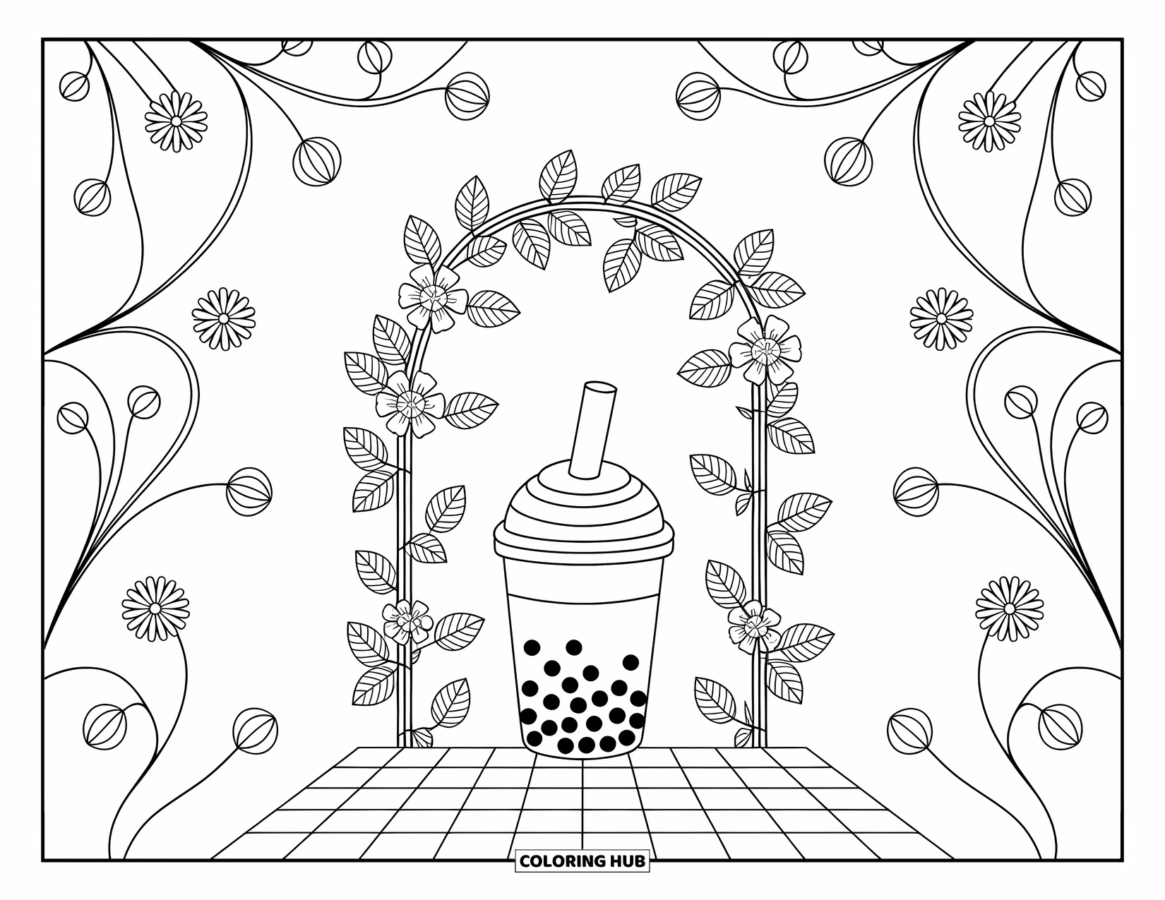 Boba Tea Kleurplaat voor Volwassenen: Een boba beker zit onder een latwerk omwikkeld met bloeiende klimop en wervelende bloempatronen