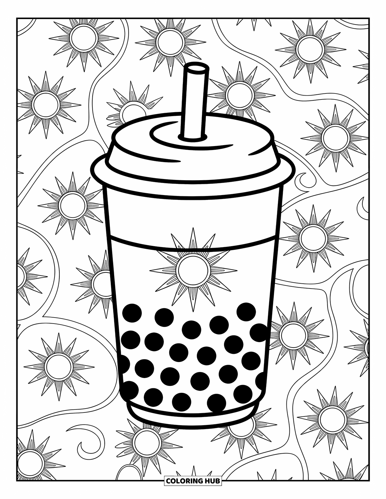 Boba Tea Kleurplaat voor Volwassenen: Een boba beker staat tussen wervelende mandala ontwerpen van zonnen en halve manen