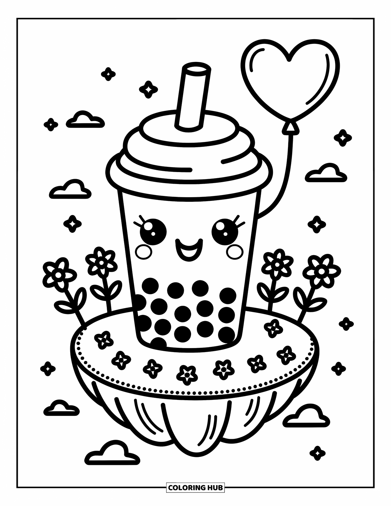 Boba Tea Kleurplaat voor Volwassenen: Een boba beker staat op een drijvend eiland en houdt een hartballon vast met bloemen eromheen
