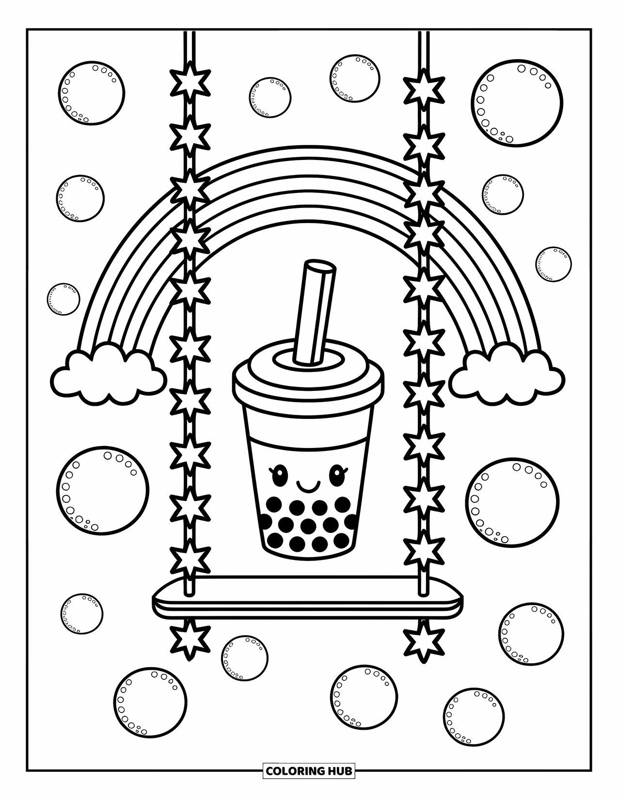 Boba Tea Kleurplaat voor Volwassenen: Een boba beker schommelt aan een regenboog, met zwevende bubbels en speelse sterrenslingers in de buurt