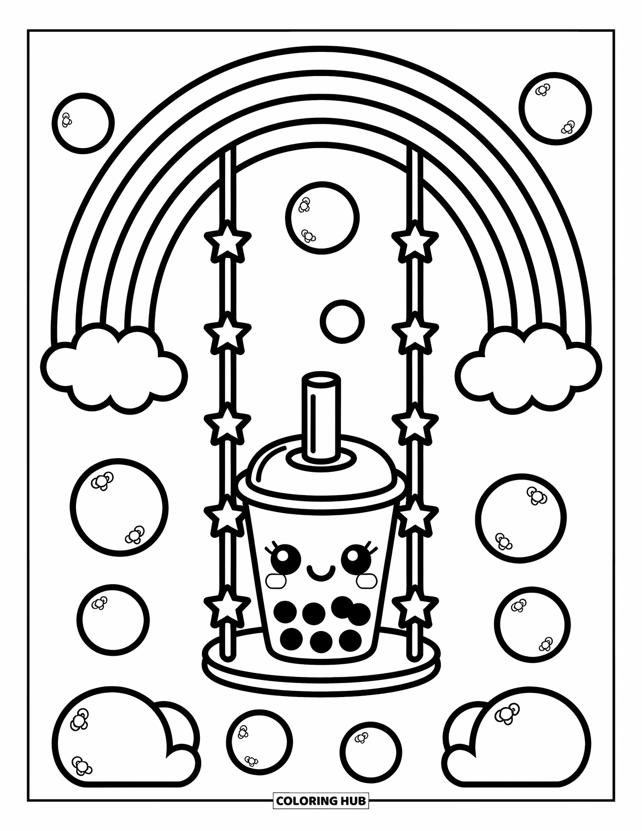Boba Tea Kleurplaat voor Volwassenen: Een boba beker schommelt zachtjes aan een regenboogboog, omringd door sterslingers en bubbels