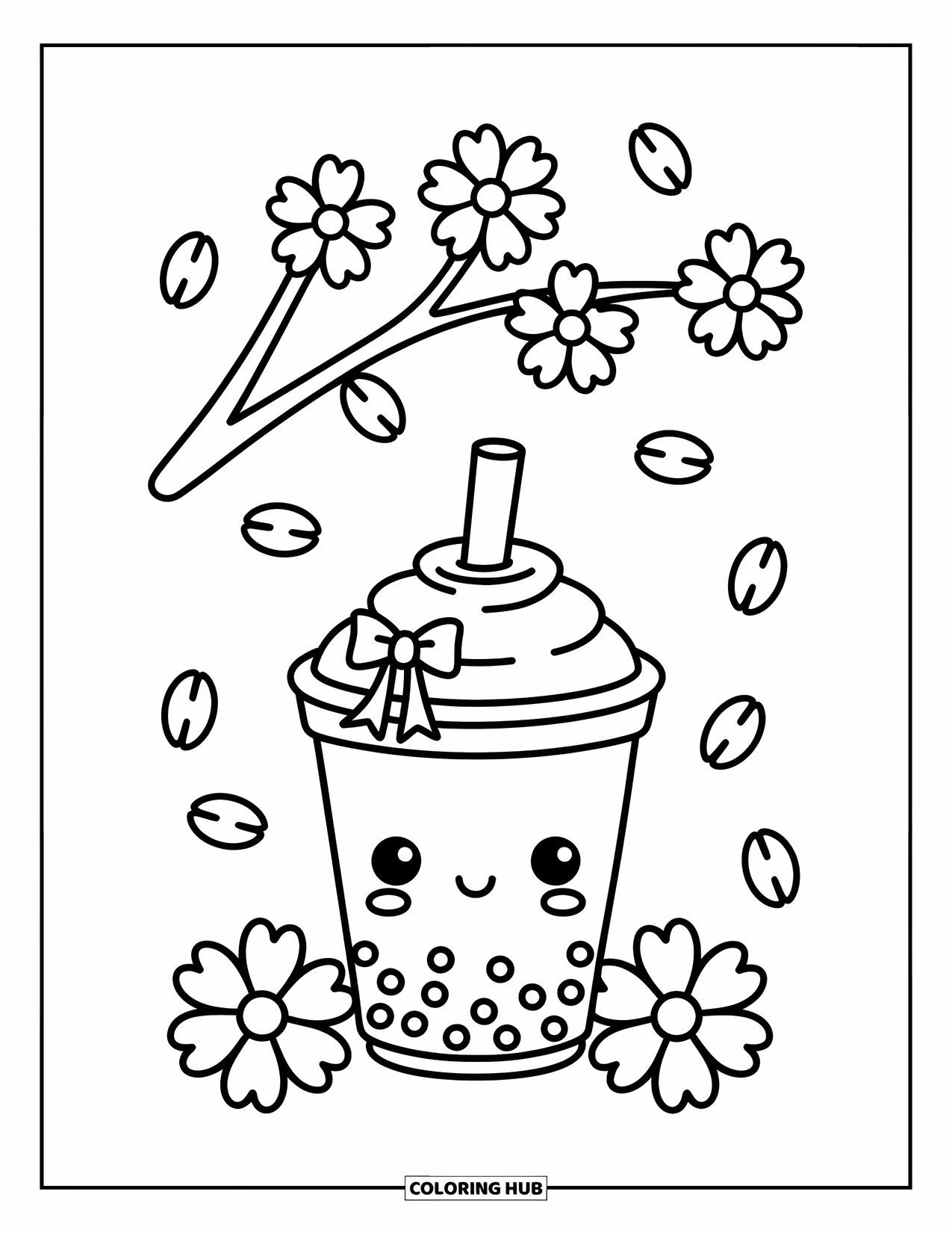 Boba Tea Kleurplaat voor Volwassenen: Een boba beker met een strik op het rietje rust onder een kersenbloesemboom met bloemblaadjes