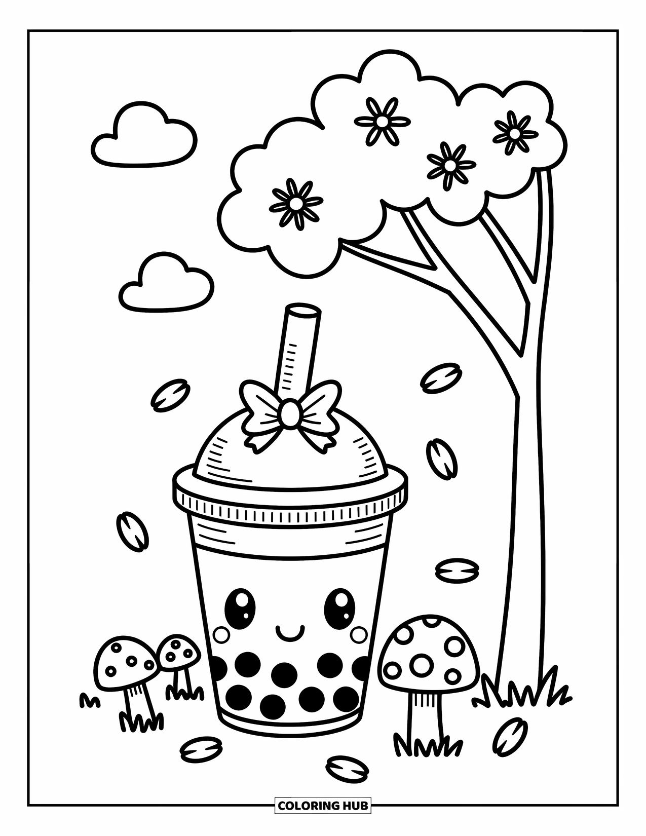 Boba Tea Kleurplaat voor Volwassenen: Een boba beker met een klein strikje zit onder een kersenbloesemboom met zwevende bloemblaadjes