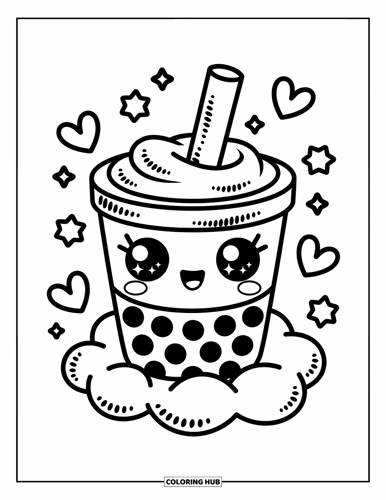 Boba Tea Kleurplaat voor Volwassenen: Een boba beker met grote fonkelende ogen zit op een wolk met harten en kleine bloemen