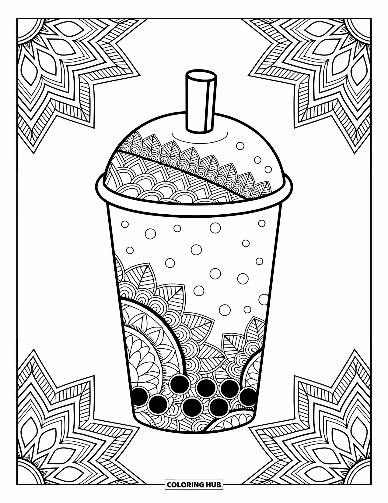 Boba Tea Kleurplaat voor Volwassenen: Een boba beker met geometrische mandala ontwerpen is omringd door ingewikkelde mandala randen