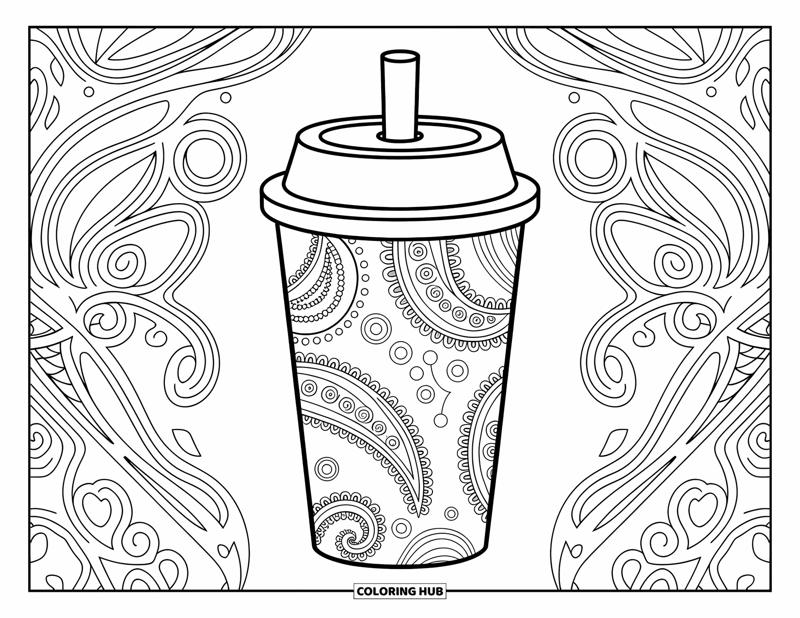 Boba Tea Kleurplaat voor Volwassenen: Een boba beker met ingewikkelde paisley patronen is omringd door delicate wervelende achtergronden