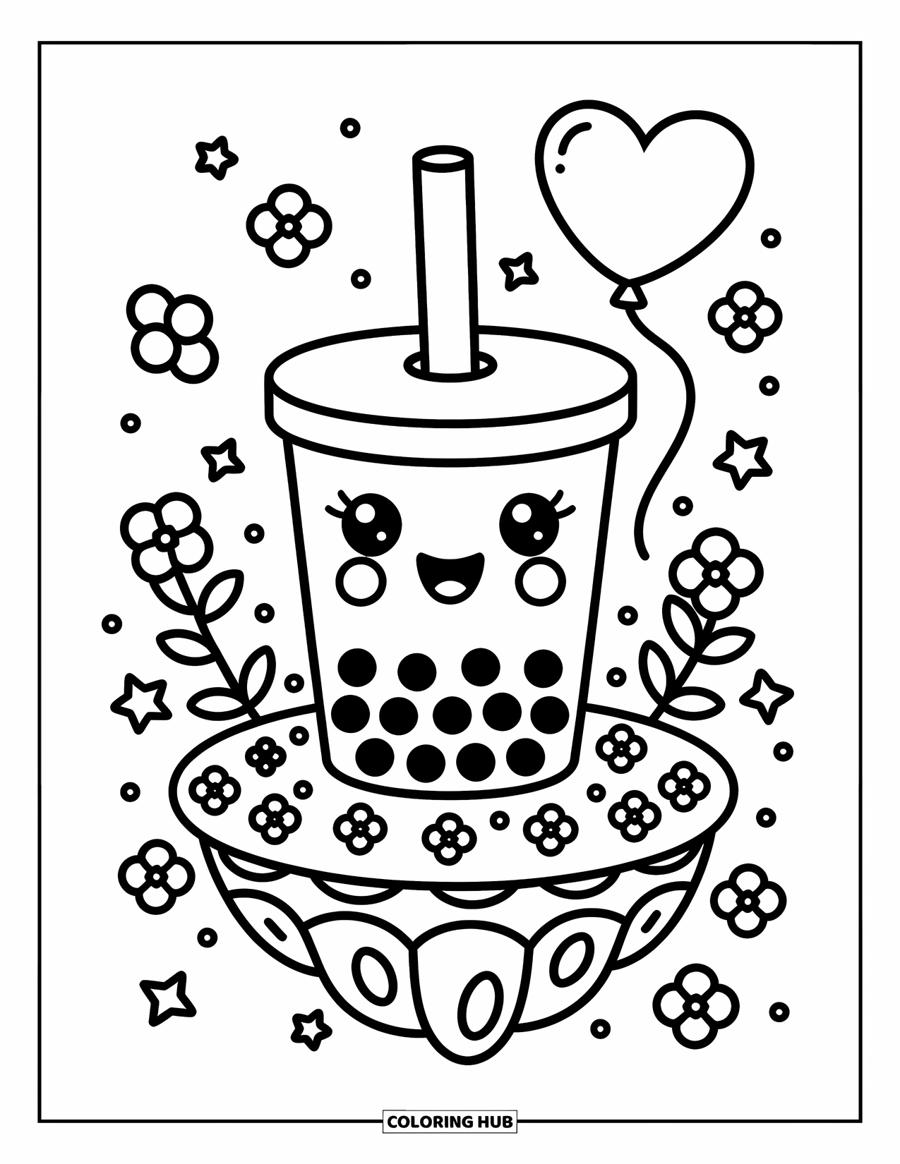Boba Tea Kleurplaat voor Volwassenen: Een vrolijke boba beker houdt een hartballon vast op een drijvend eiland met bloemen en wervelingen
