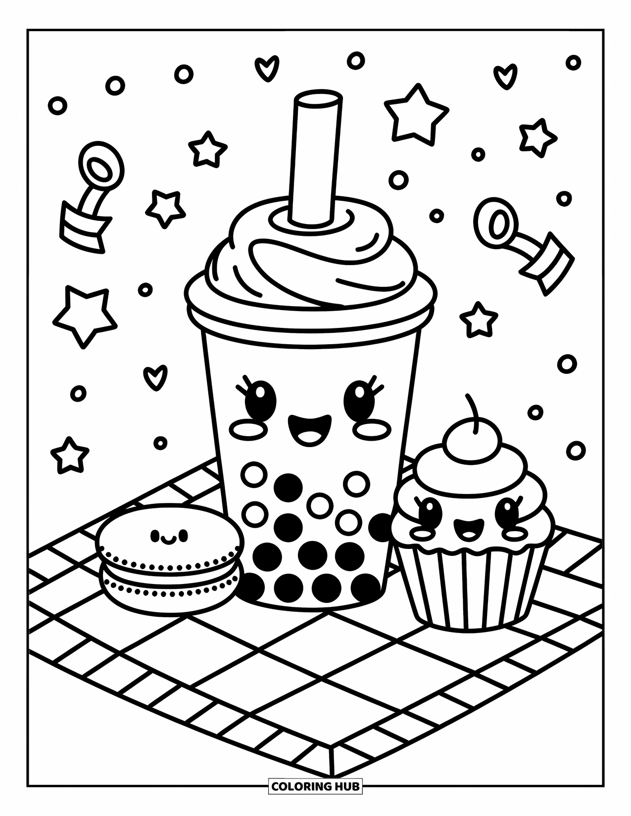 Boba Tea Kleurplaat voor Volwassenen: Een vrolijke boba beker deelt een picknick met een vrolijke macaron en een schattige cupcake