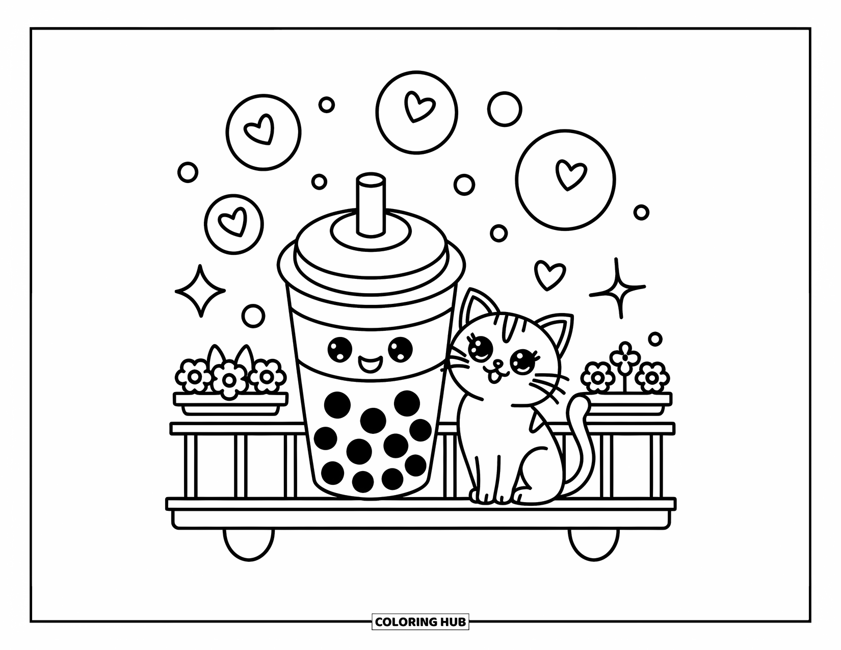 Boba Tea Kleurplaat voor Volwassenen: Een vrolijke boba beker zit op een cafébalkon, vergezeld door een kat en drijvende bubbels