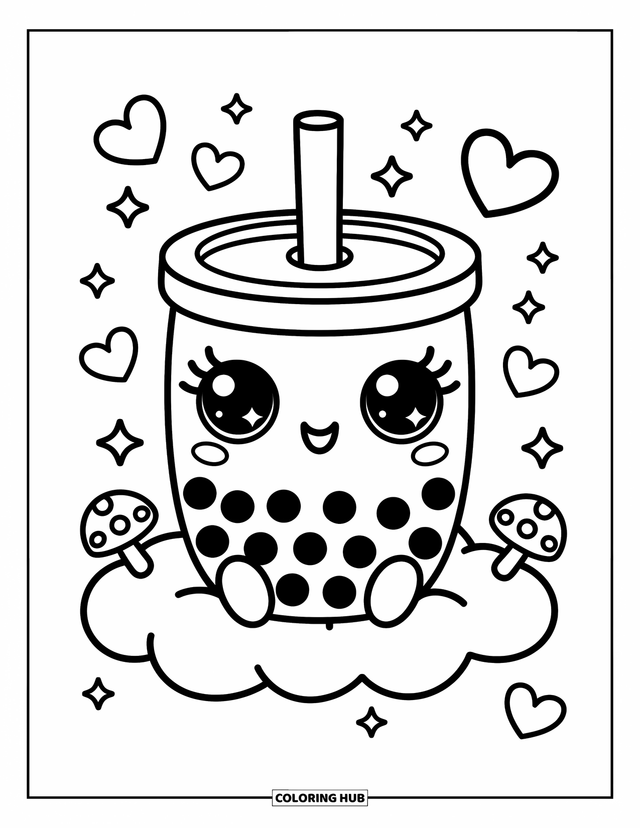 Boba Tea Kleurplaat voor Volwassenen: Een mollige boba beker met fonkelende ogen zit op een donzige wolk met zwevende harten