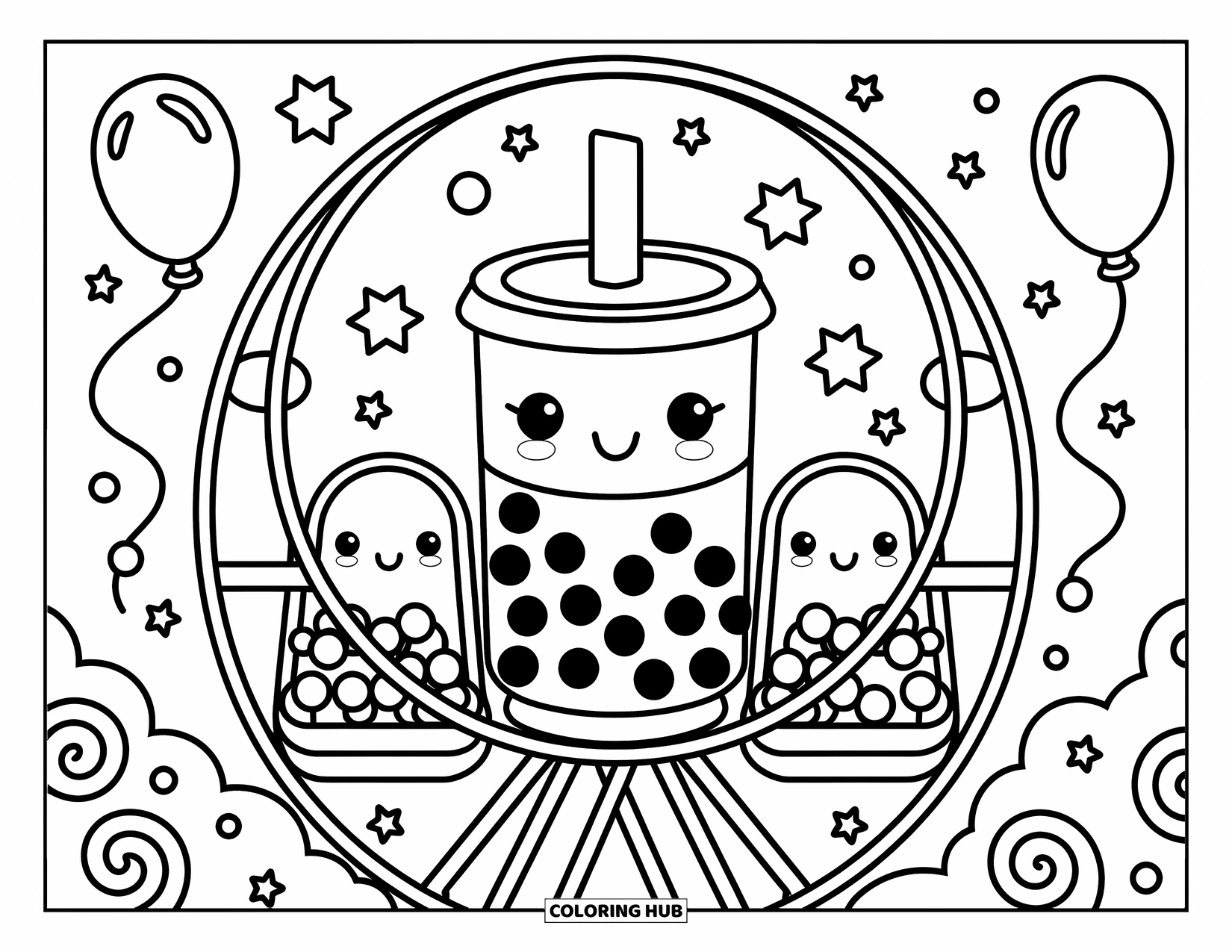 Boba Tea Kleurplaat voor Volwassenen: Een knusse boba beker rijdt in een reuzenrad, omringd door ballonnen en sterren