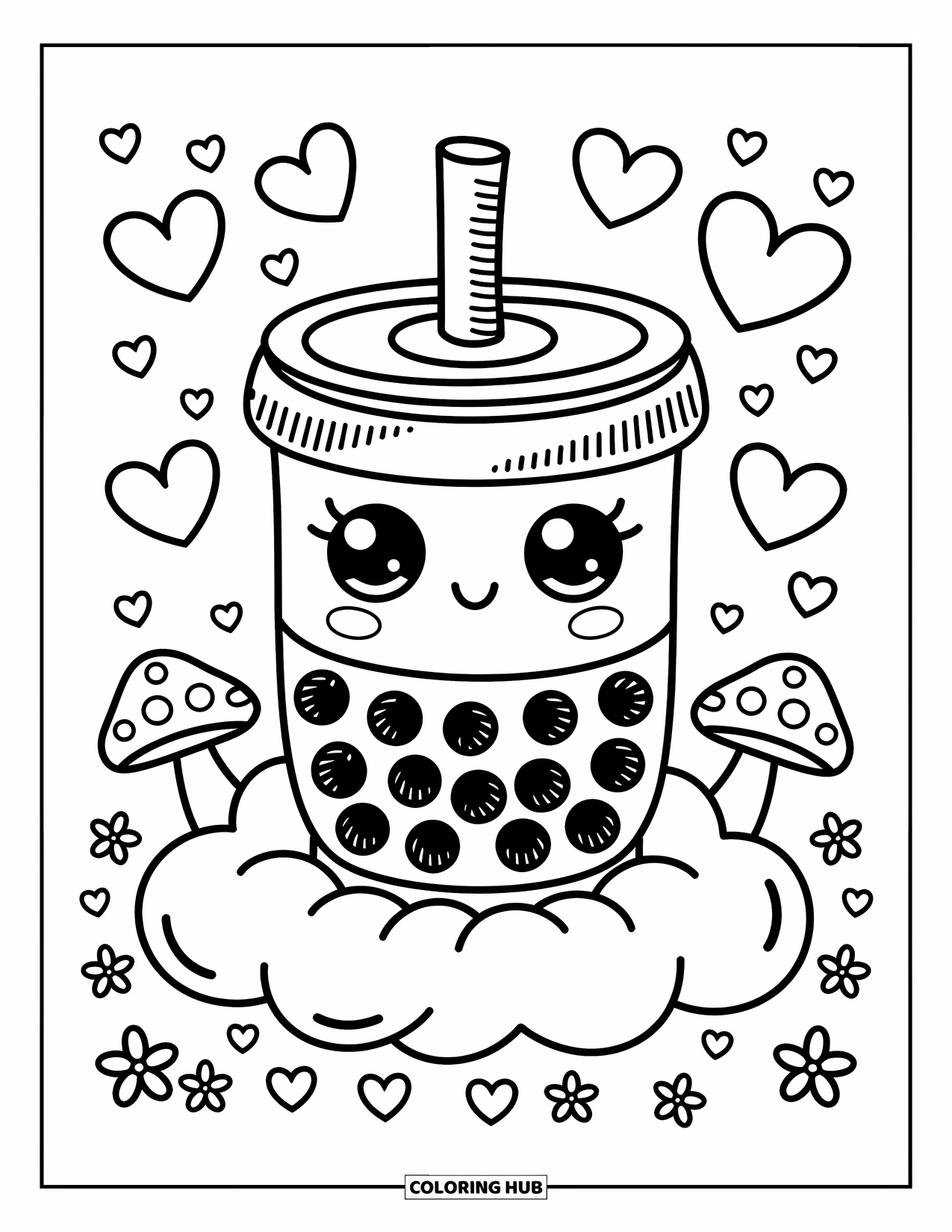 Boba Tea Kleurplaat voor Volwassenen: Een schattige boba beker rust op een wolk, omringd door harten, kleine paddenstoelen en sterren