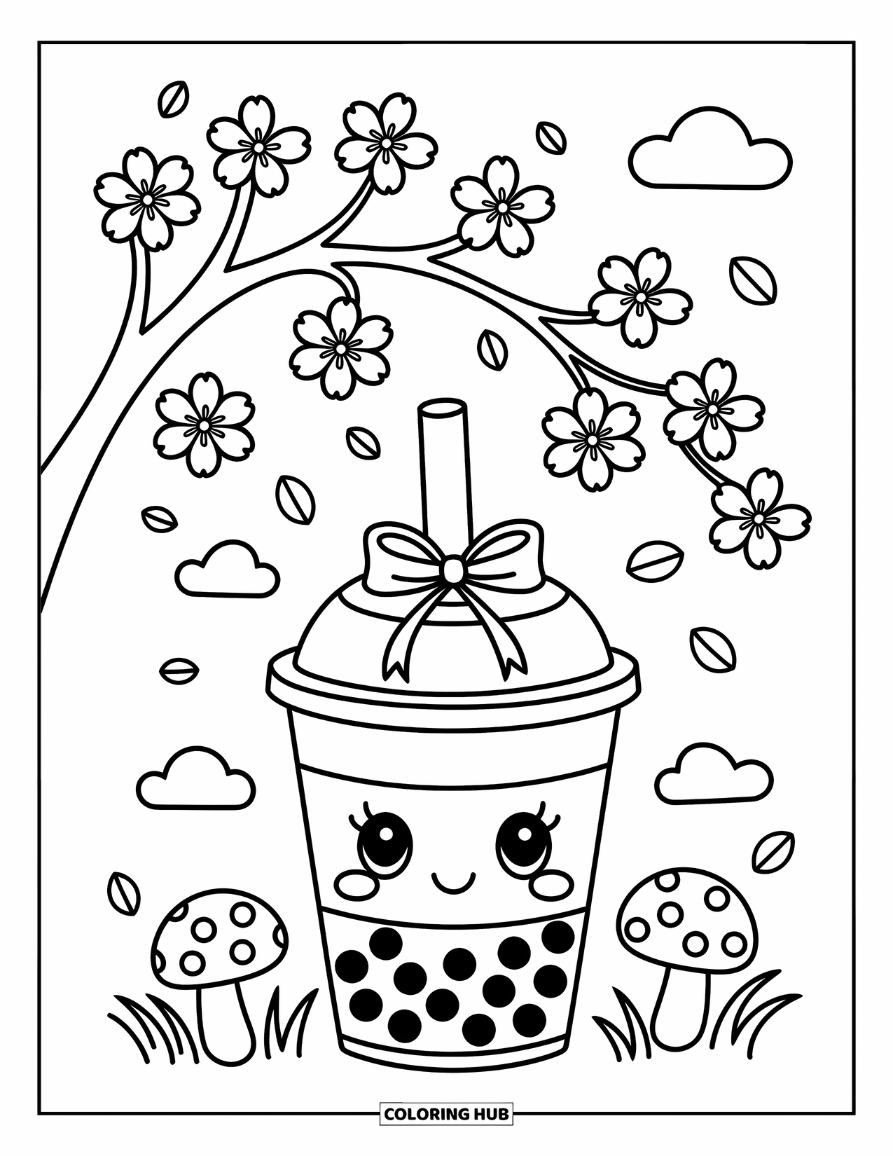 Boba Tea Kleurplaat voor Volwassenen: Een schattige boba beker rust onder een kersenbloesemboom, omringd door bloemblaadjes en paddenstoelen
