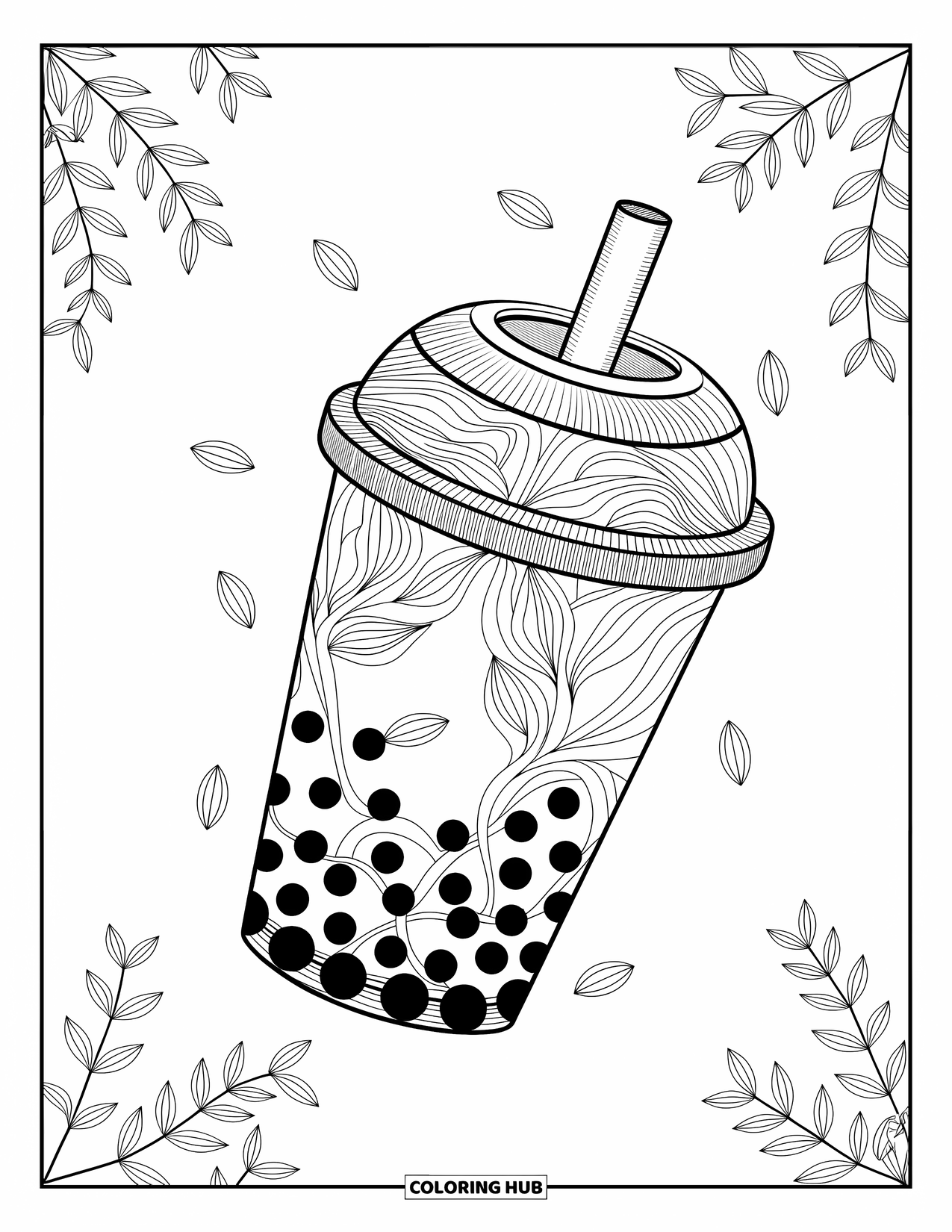 Boba Tea Kleurplaat voor Volwassenen: Een gedetailleerde boba beker zweeft tussen bloemwervelingen en drijvende bladeren