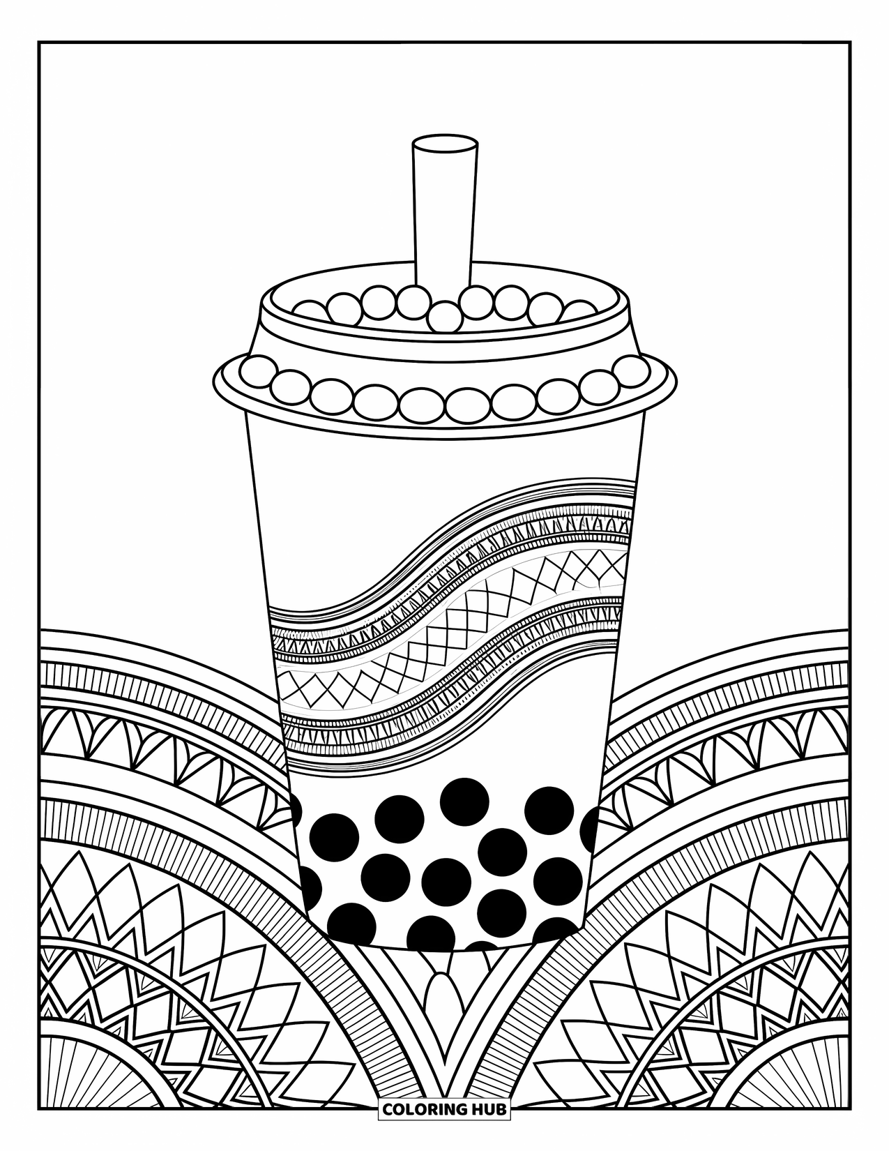 Boba Tea Kleurplaat voor Volwassenen: Een gedetailleerde boba beker met mandala patronen zit tegen een achtergrond van elegante ontwerpen