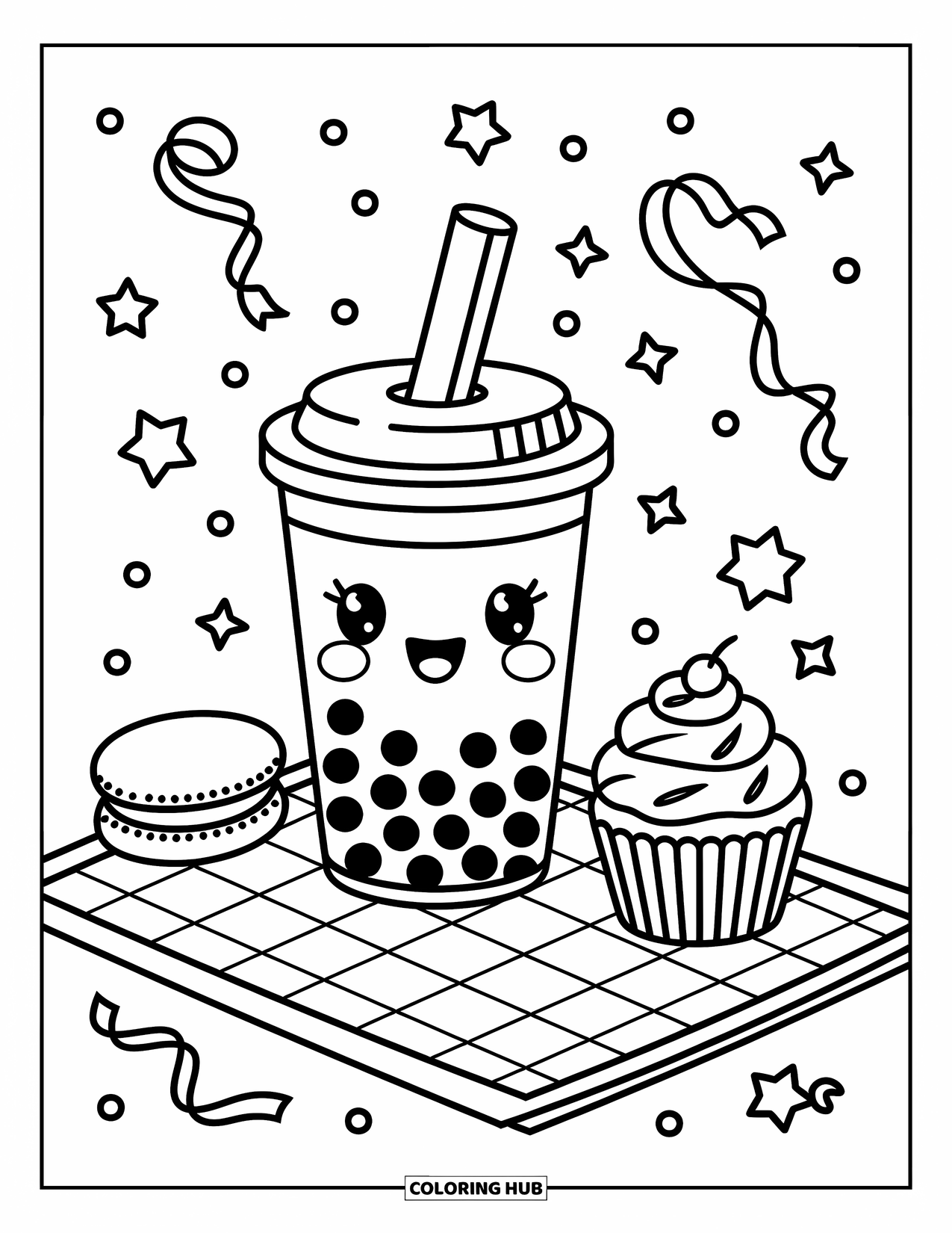 Boba Tea Kleurplaat voor Volwassenen: Een vriendelijke boba beker zit op een picknickkleed met een lachende macaron en cupcake