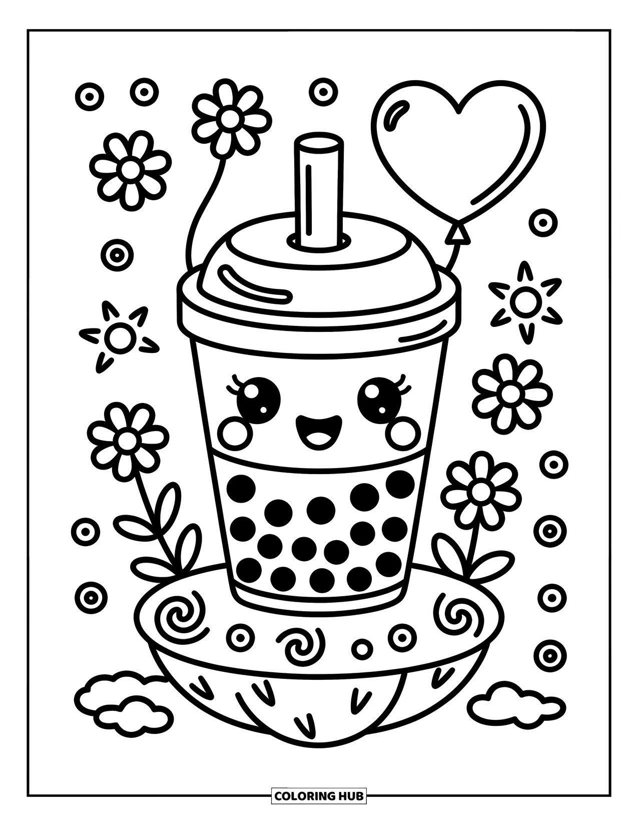 Boba Tea Kleurplaat voor Volwassenen: Een vrolijke boba beker houdt een hartballon vast op een klein eiland met speelse wervelingen