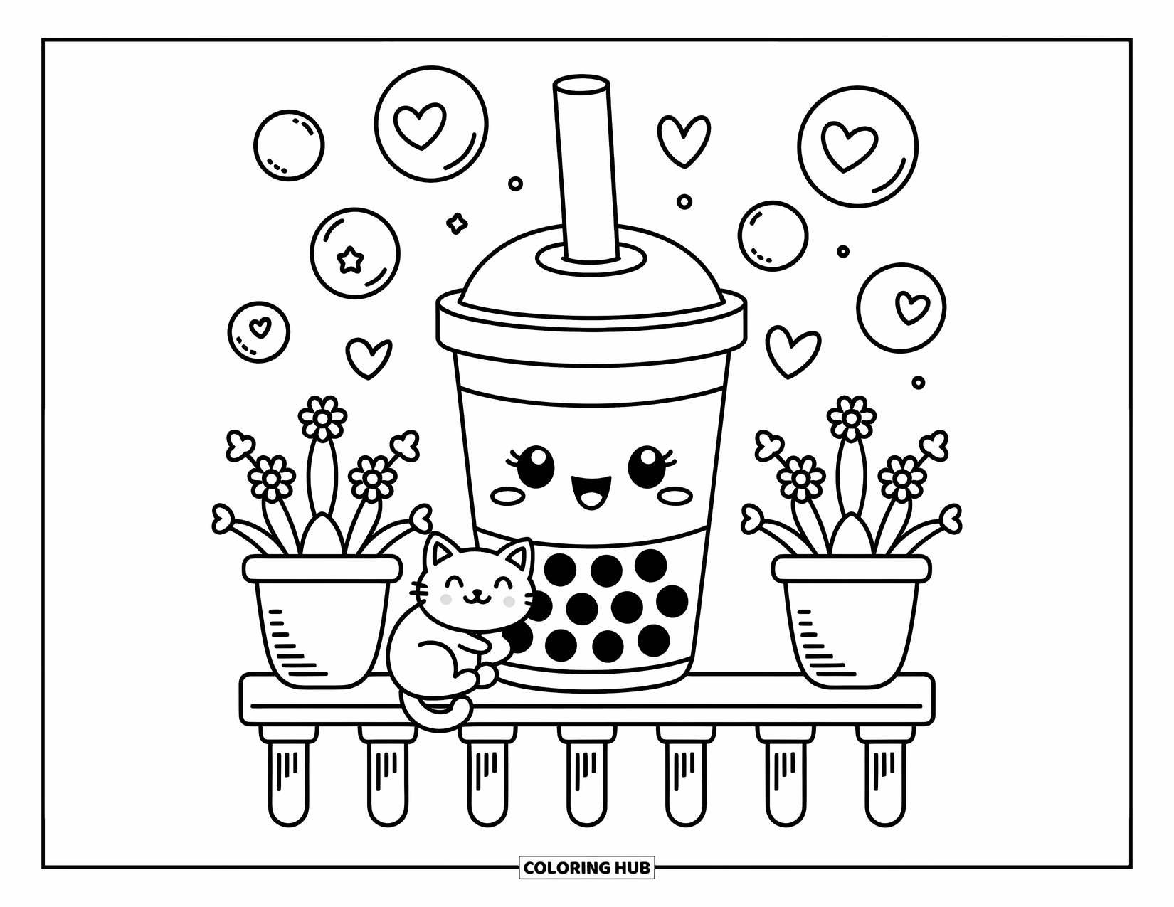 Boba Tea Kleurplaat voor Volwassenen: Een vrolijke boba beker zit op een cafébalkon met een speelse kat en zwevende bubbels